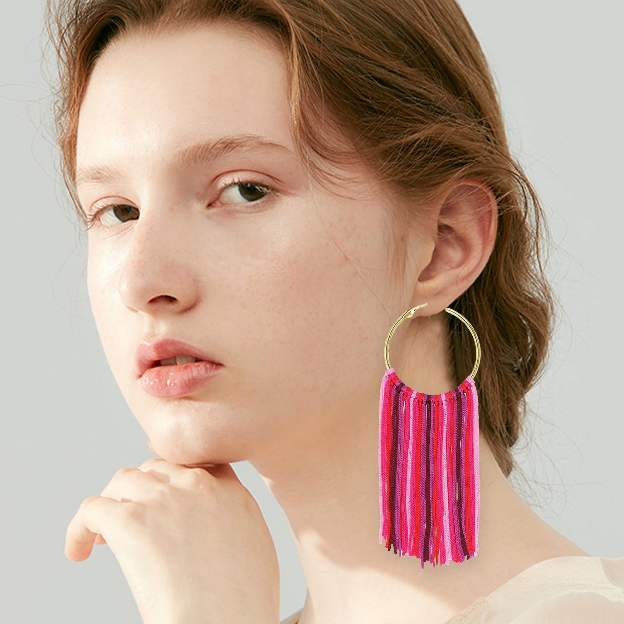 Boho Lightweight Long Round Hoop Statement Earrings with Tassels & Fringe Dangle - Trendy Women's Jewelry for Parties, Weddings & Everyday Wear