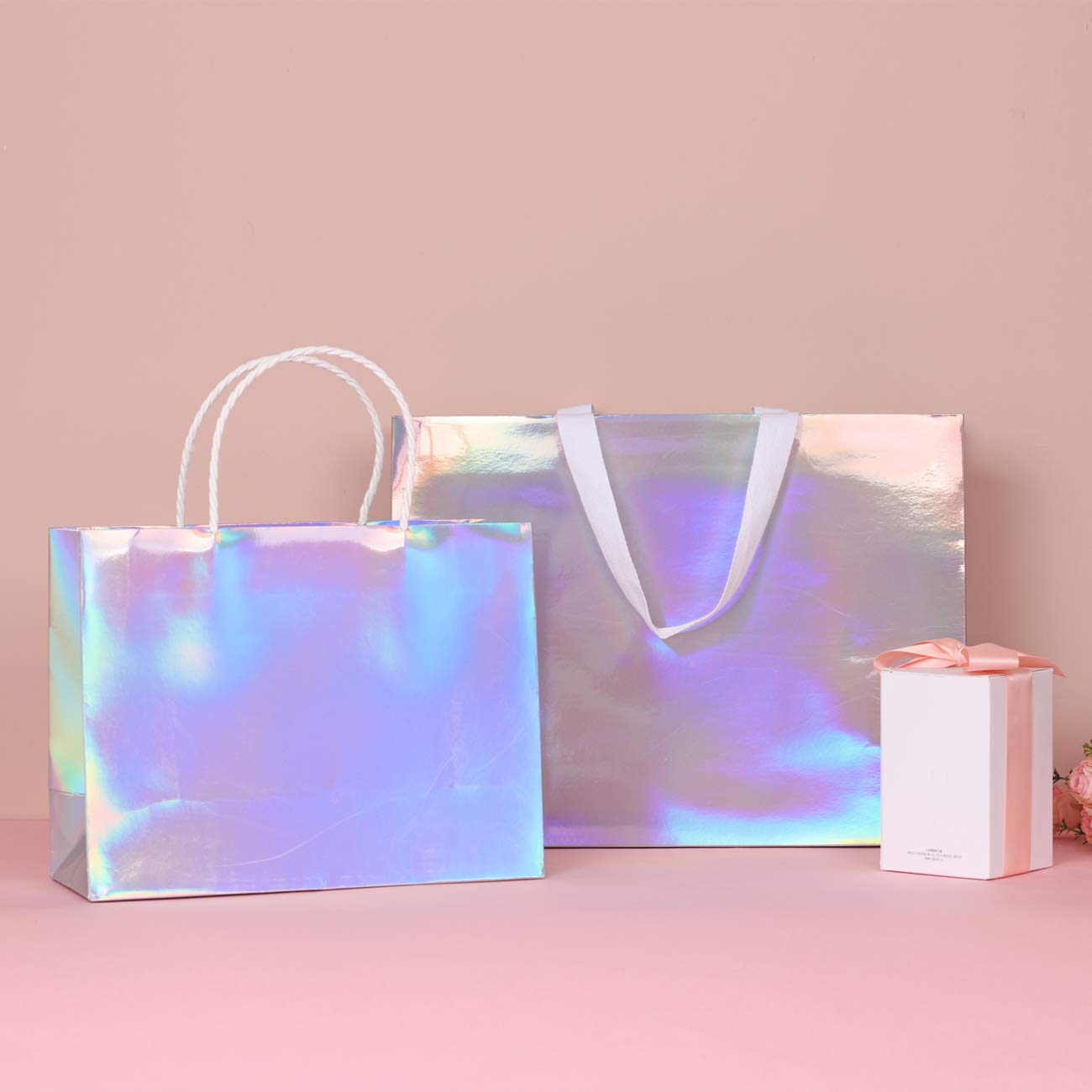 PAPERIST 6-Pack 11.8x4.7x9 Inch Medium Holographic Silver Gift Bags with Premium White Handles - Glossy Laminated Paper Bags for Birthday, Wedding & Party Favors