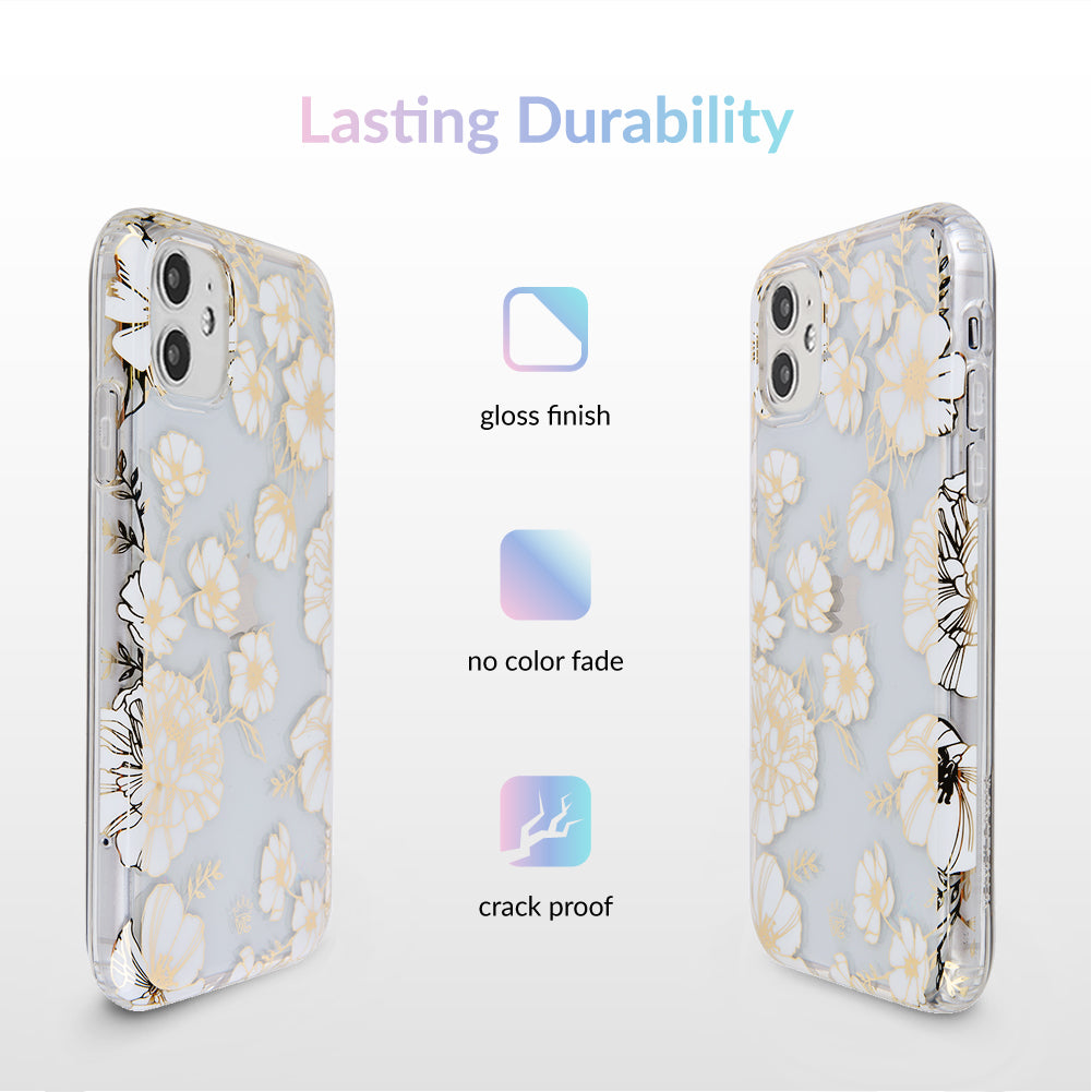 Elegant White & Gold Floral Transparent iPhone Case - Slim Protective Cover for iPhone 12/13/14/15 - Perfect for Everyday Use, Office & Special Occasions