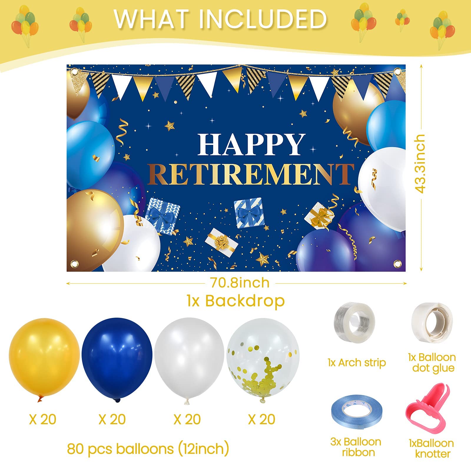 81 Pieces Navy Blue and Gold Retirement Party Decorations Kit - Includes 80 Pieces 12'' Balloons & 1 Large Happy Retirement Backdrop Banner - Perfect Retirement Party Supplies for Women & Men - Ideal for Office Celebrations, Farewell Parties & Milestone Events
