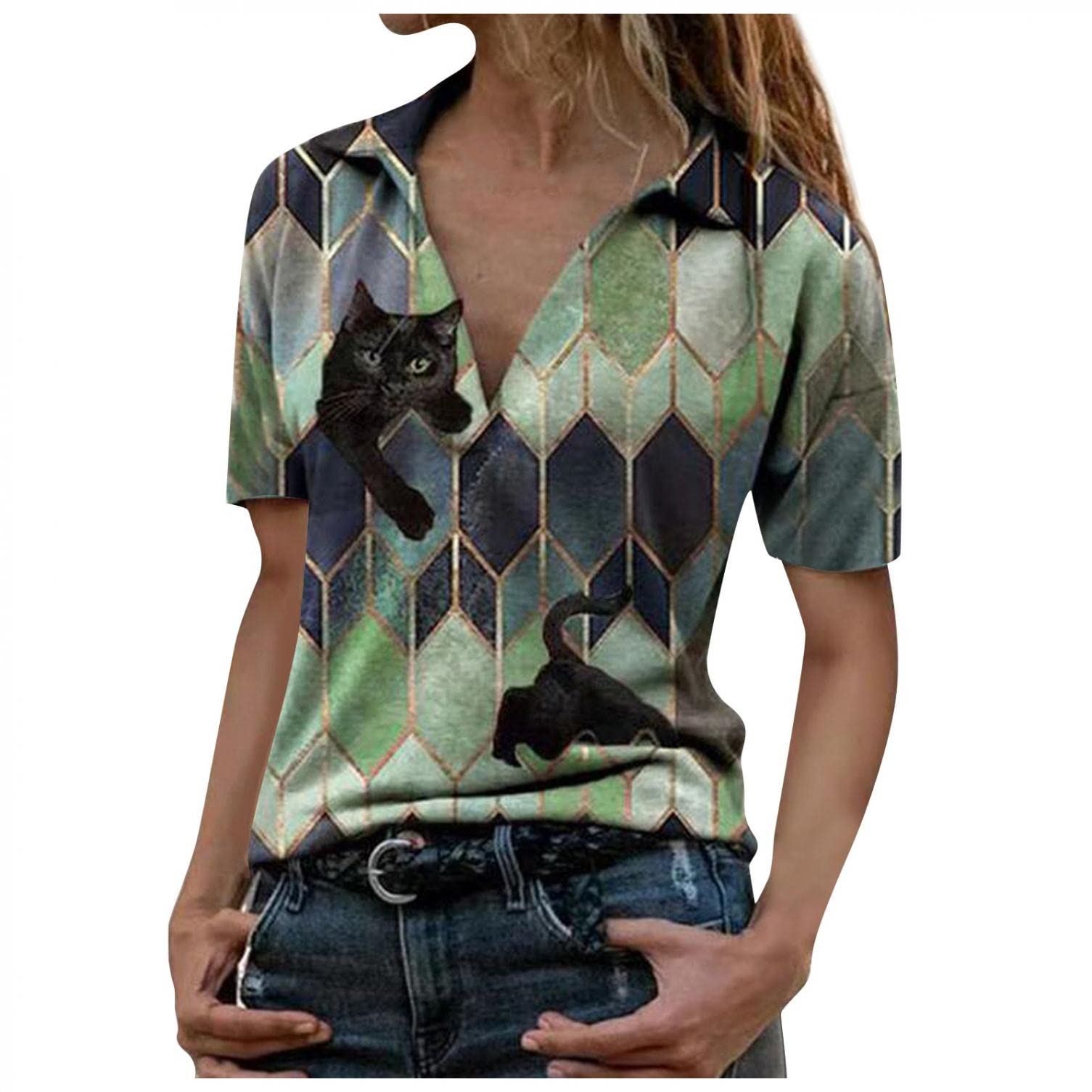 Trendy Women's Summer Tops - V-Neck Short Sleeve Printed Blouse & Fashion T-Shirts | Perfect for Beach Outings, Casual Wear & Summer Vacations