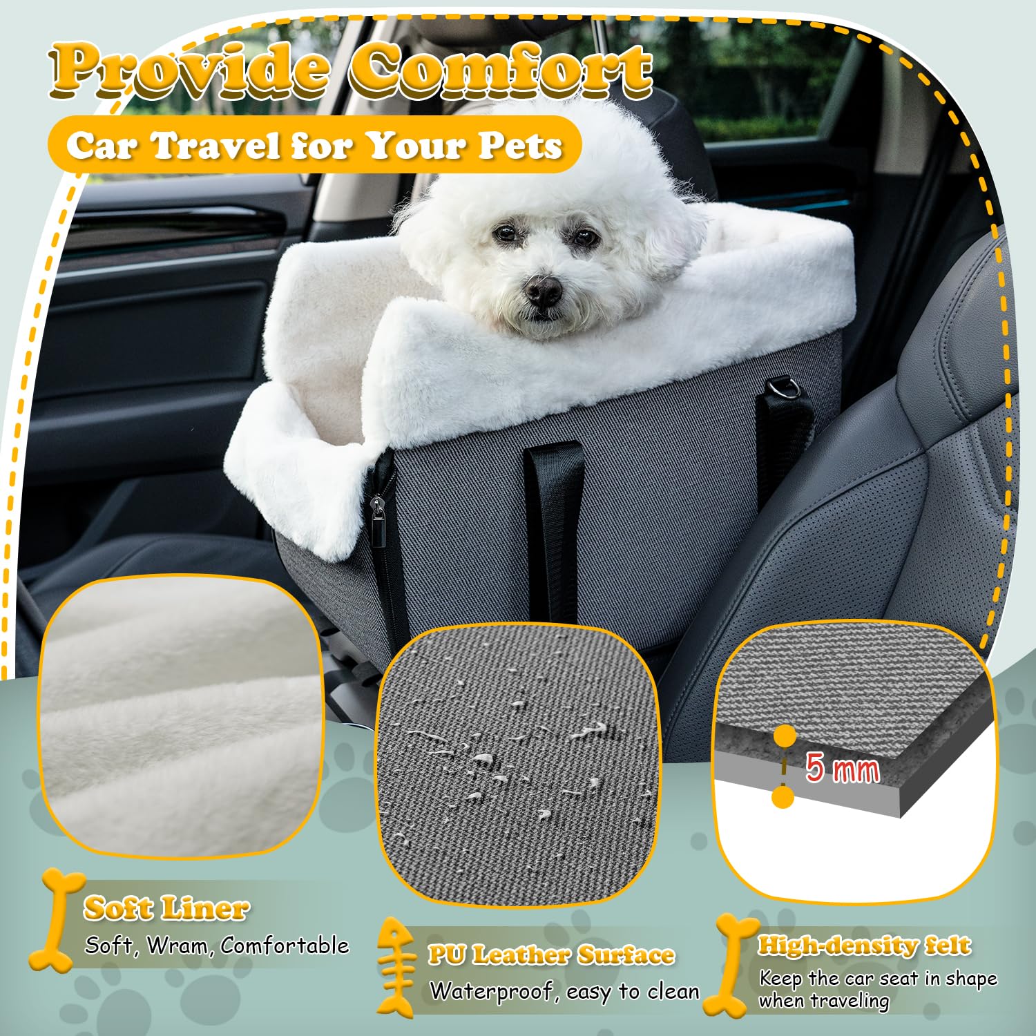 WOYYHO Foldable Dog Car Seat for Small Dogs up to 17 lbs - Portable Pet Booster Seat with Removable Velvet Liner, Safety Tether & Anti-Slip Waterproof Design - Perfect for Car Travel, Road Trips & Daily Commutes
