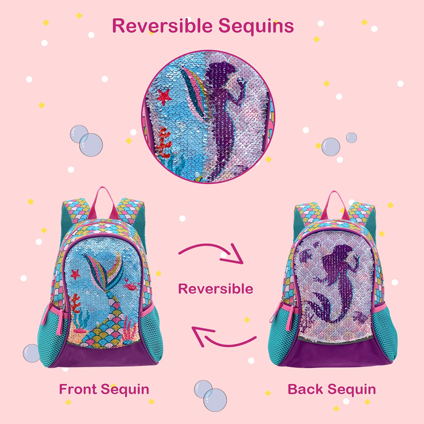 **Reversible Sequin Mermaid Backpack for Girls Ages 4-6 – 15 Inch Toddler Backpack for Preschool, Kindergarten & Elementary School – Cute Kids Bookbag for Daily Use, Travel & Playdates**