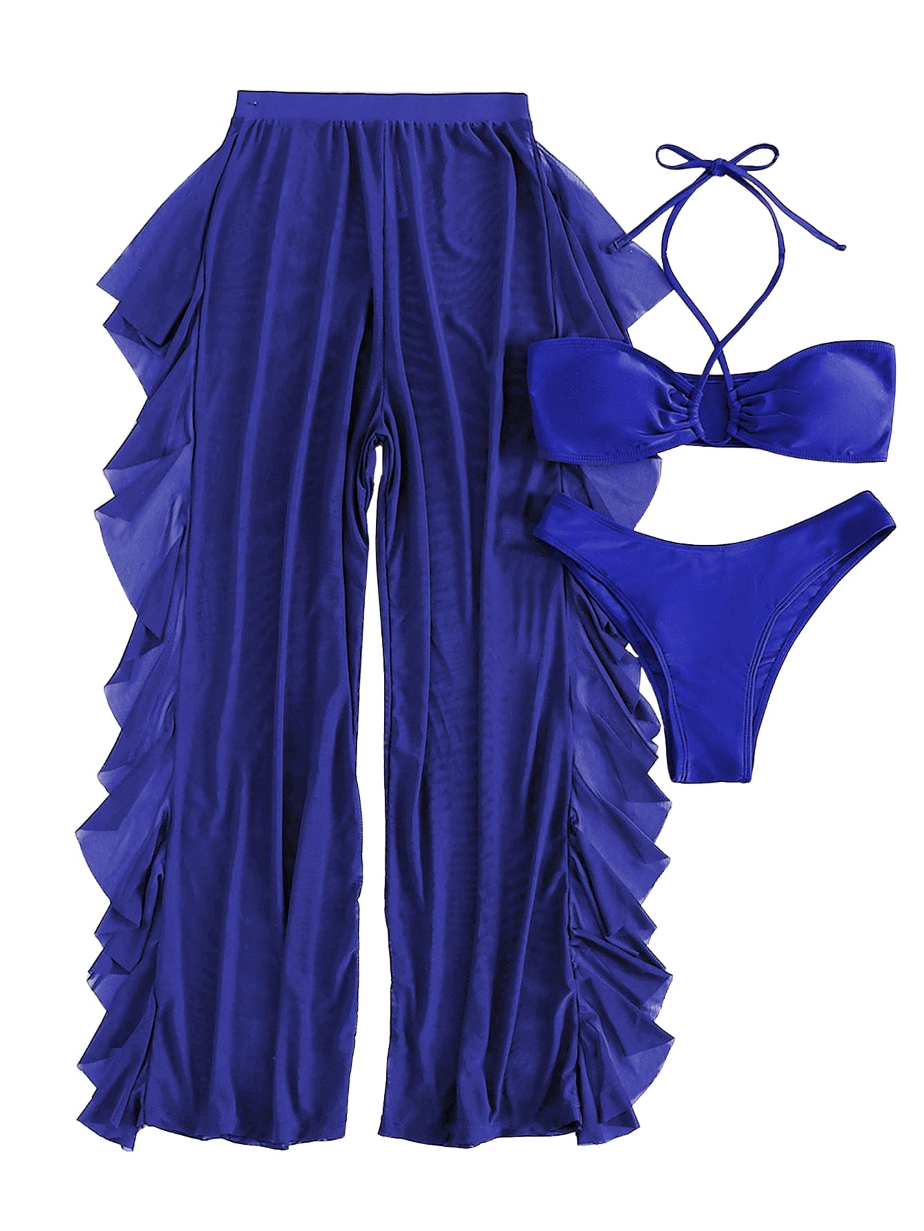 MakeMeChic Women's 3 Piece Swimsuit Set - Solid Halter Bikini with Ruffle Sheer Cover Up | Beach Vacation, Pool Party, Summer Swimwear