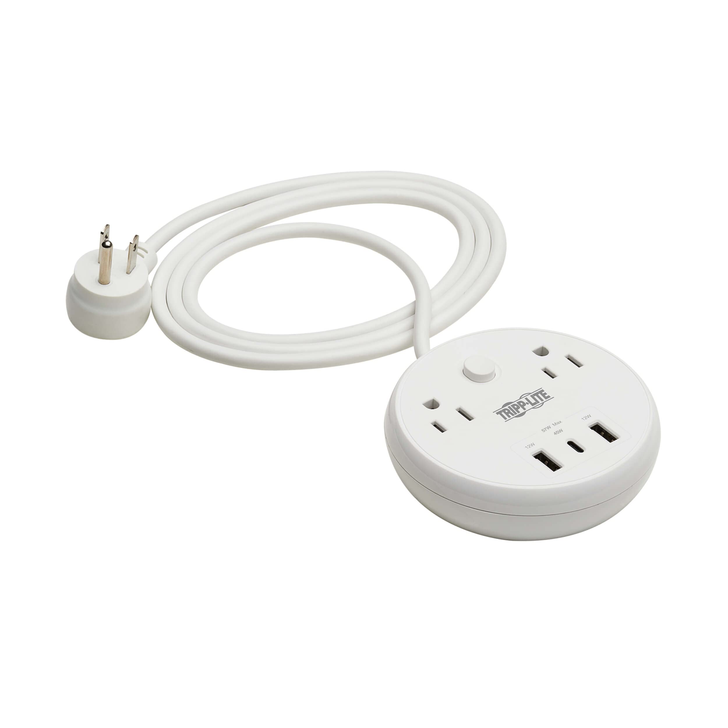 Tripp Lite Safe-IT 57W Surge Protector with 2 Outlets, 2 USB Ports & 1 USB-C Port - Fast Charging, 300 Joules Protection, 8ft Power Cord - $25,000 Insurance & Warranty (TLP28PD57WCAM) - Perfect for Home Office, Travel & Electronics Protection