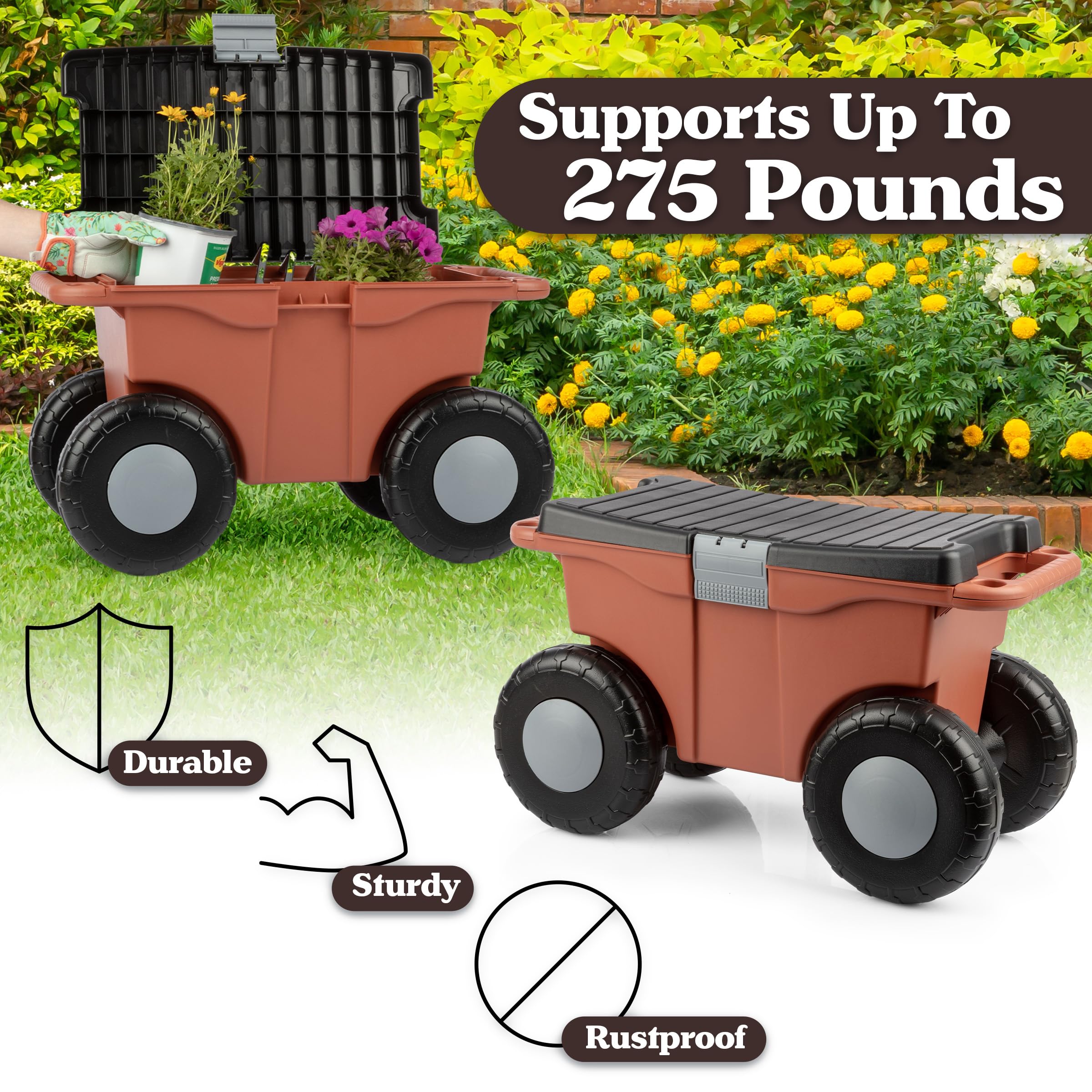 Pure Garden Rolling Garden Cart with Seat - Heavy Duty Plastic Storage Bench with Tool Tray - Gardening Stool for Weeding, Planting & Outdoor Work (Terracotta) - Perfect for Backyard, Patio & Greenhouse Use