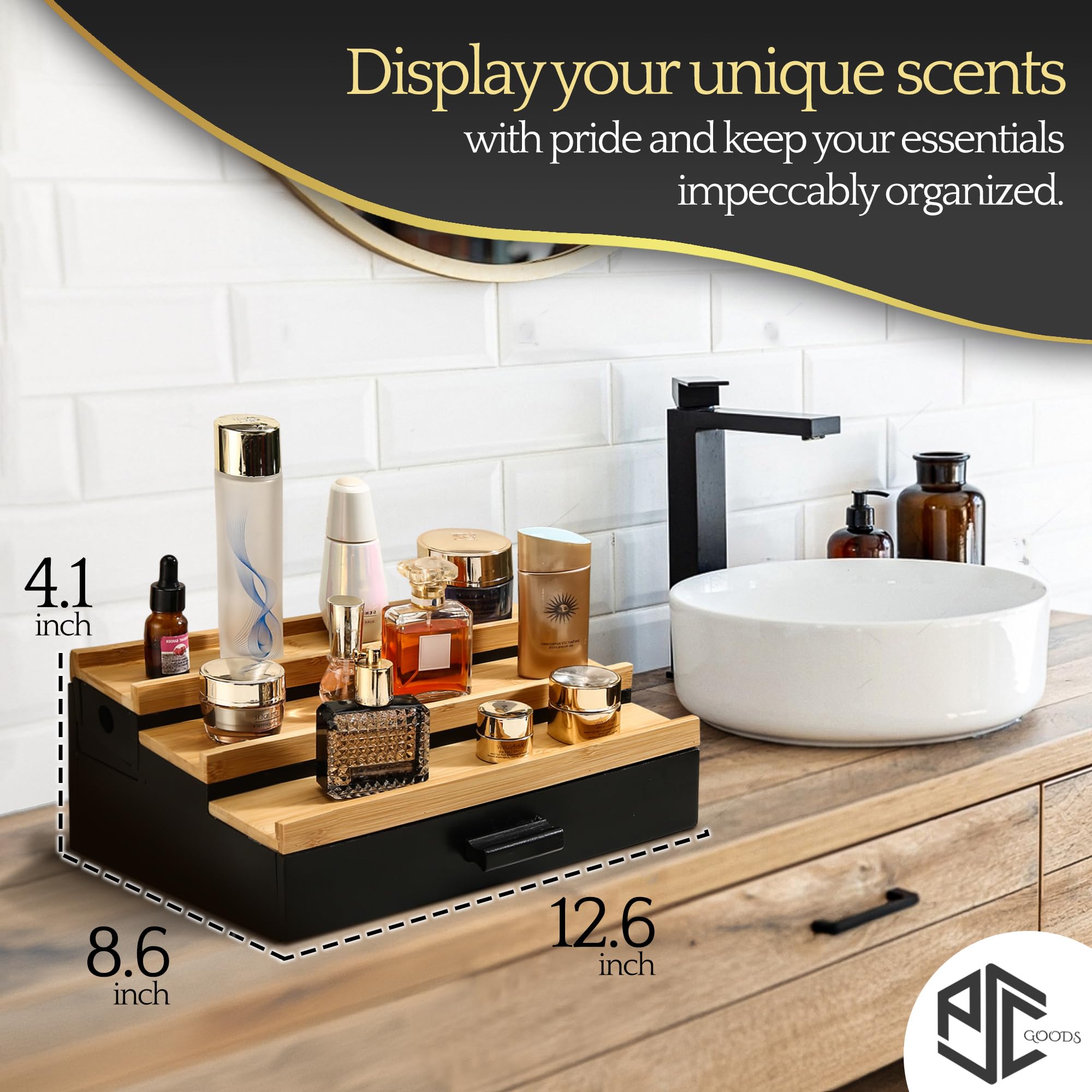 3 Tier Wooden Cologne Organizer for Men with Hidden Compartment & Drawer - Stylish Cologne Stand & Holder for Fragrance Display - Perfect for Dresser, Bathroom or Gift for Him