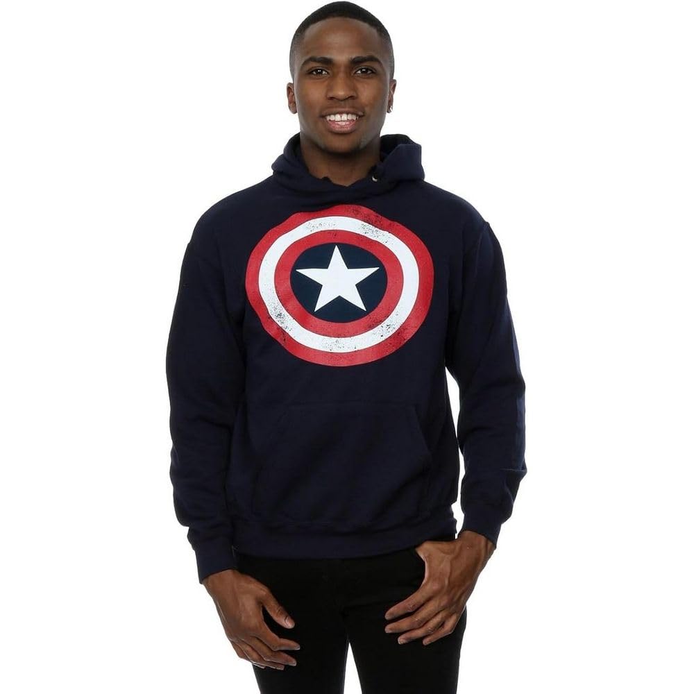 Marvel Captain America Shield Hoodie for Men - Distressed Design, Small Size, Navy Blue - Perfect for Cosplay, Comic Con & Superhero Fans
