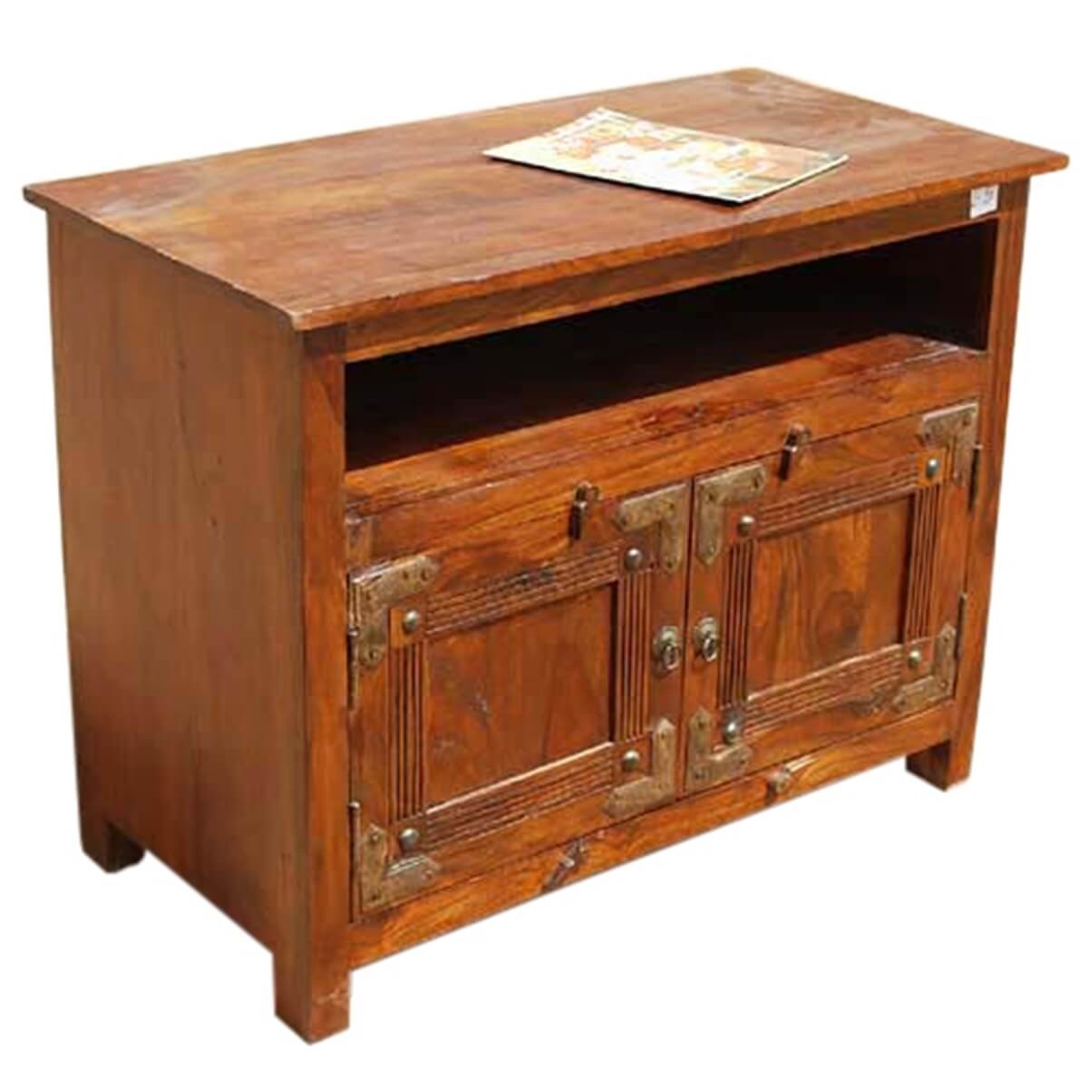 Premium Indian Solid Wood TV Stand Entertainment Center - Rustic Brown Finish for Living Room, Home Theater & Media Storage