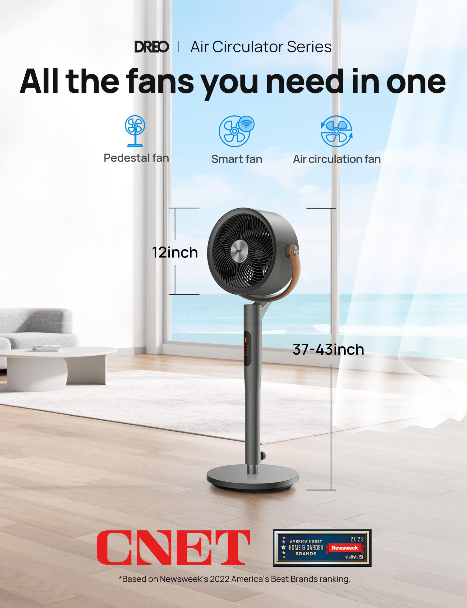 Dreo Smart Wi-Fi Standing Fan with Voice Control - 37-43'' Adjustable Height, 6 Modes & 8 Speeds, 100ft Quiet DC Motor Circulator, 120°+105° Oscillation for Bedroom, Living Room & Office Use