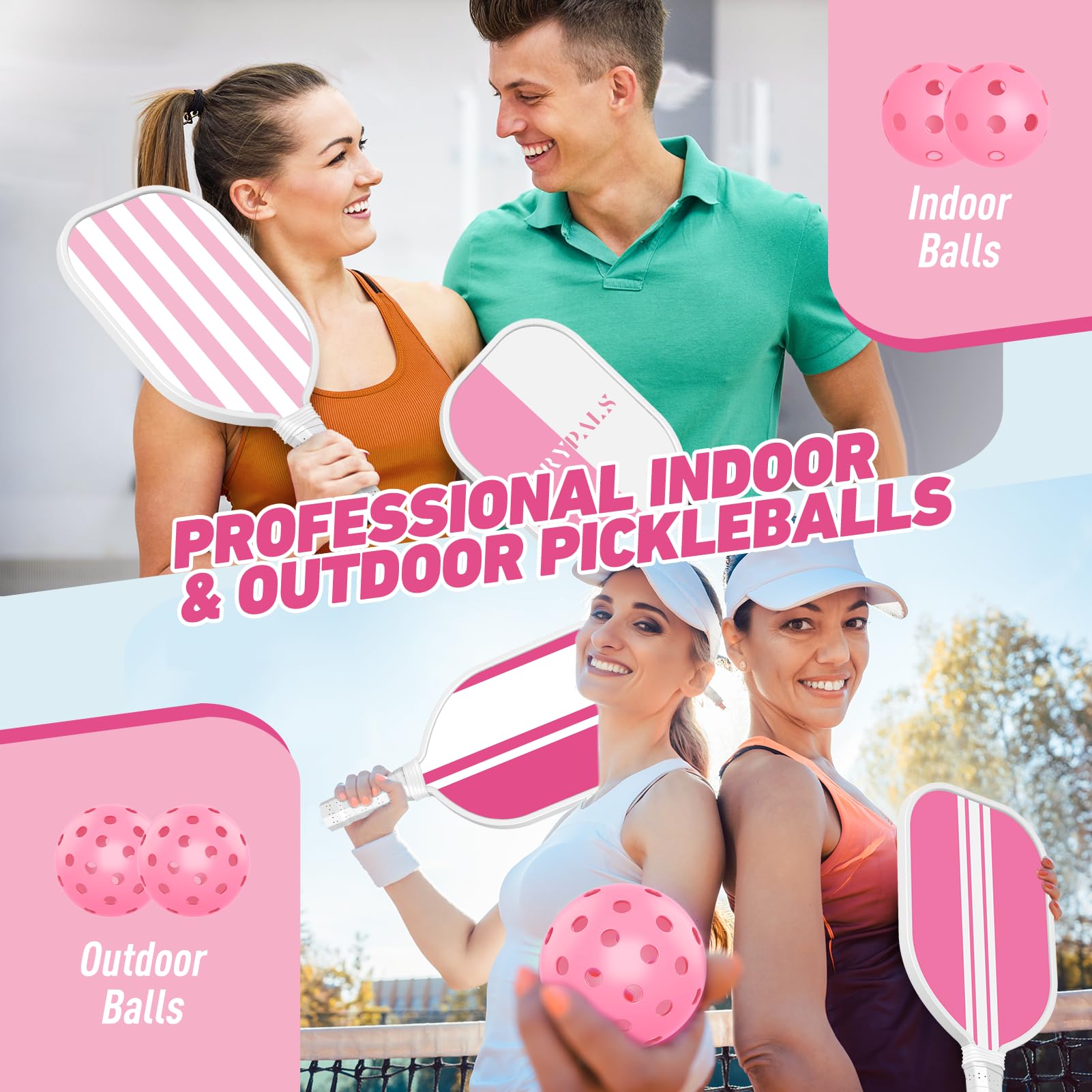 **USAPA Approved Pink Pickleball Paddles Set of 4 with 4 Balls & Carry Bag - Premium Wooden Paddles, Ergonomic Cushion Grip - Perfect for Women, Youth & Beginners - Indoor & Outdoor Play, Gifts for Pickleball Lovers**