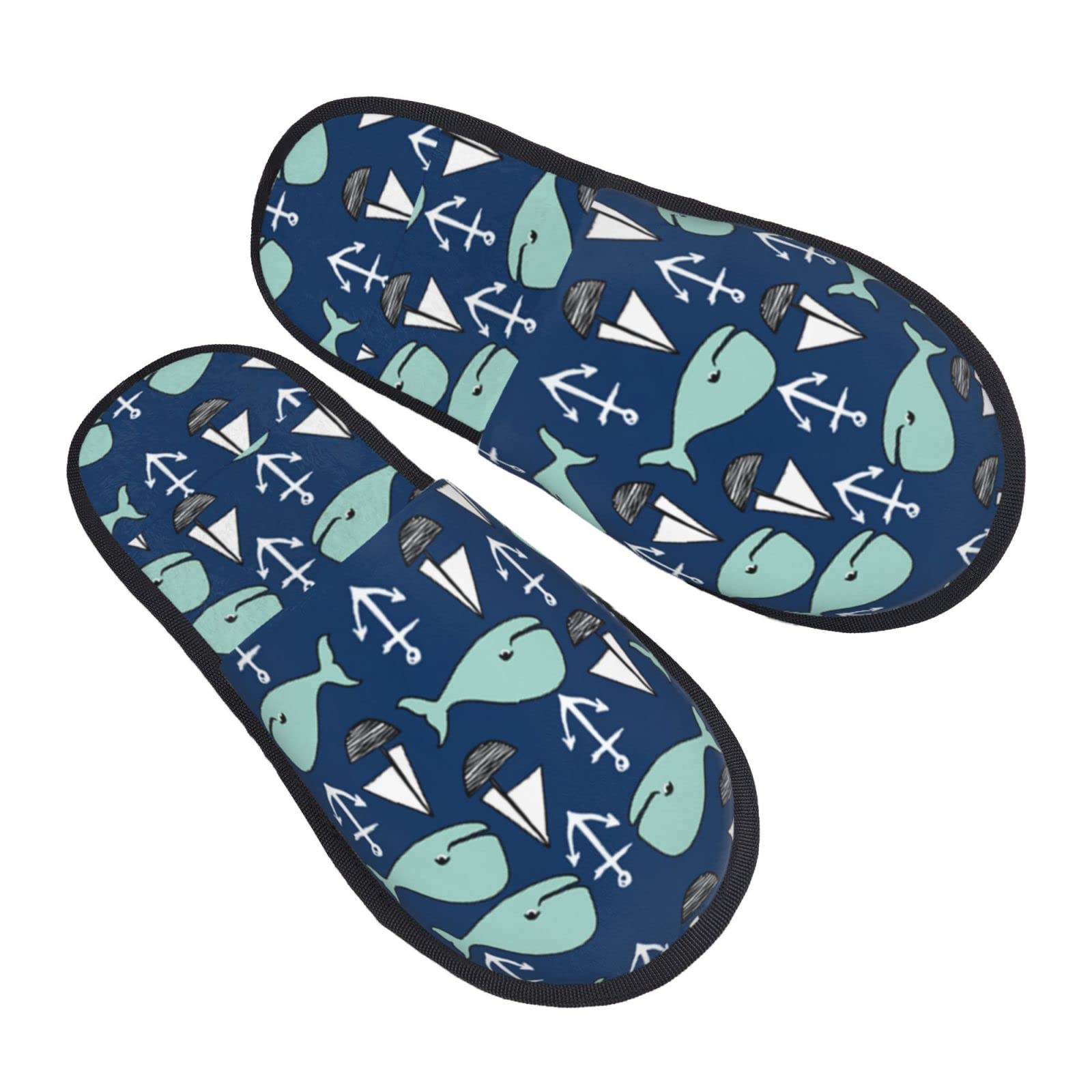 Unisex Cozy Indoor Slippers with Furry Nautical Whale & Anchor Design - Anti-Skid EVA Sole for Women & Men - Perfect for Home, Lounge & Winter Comfort