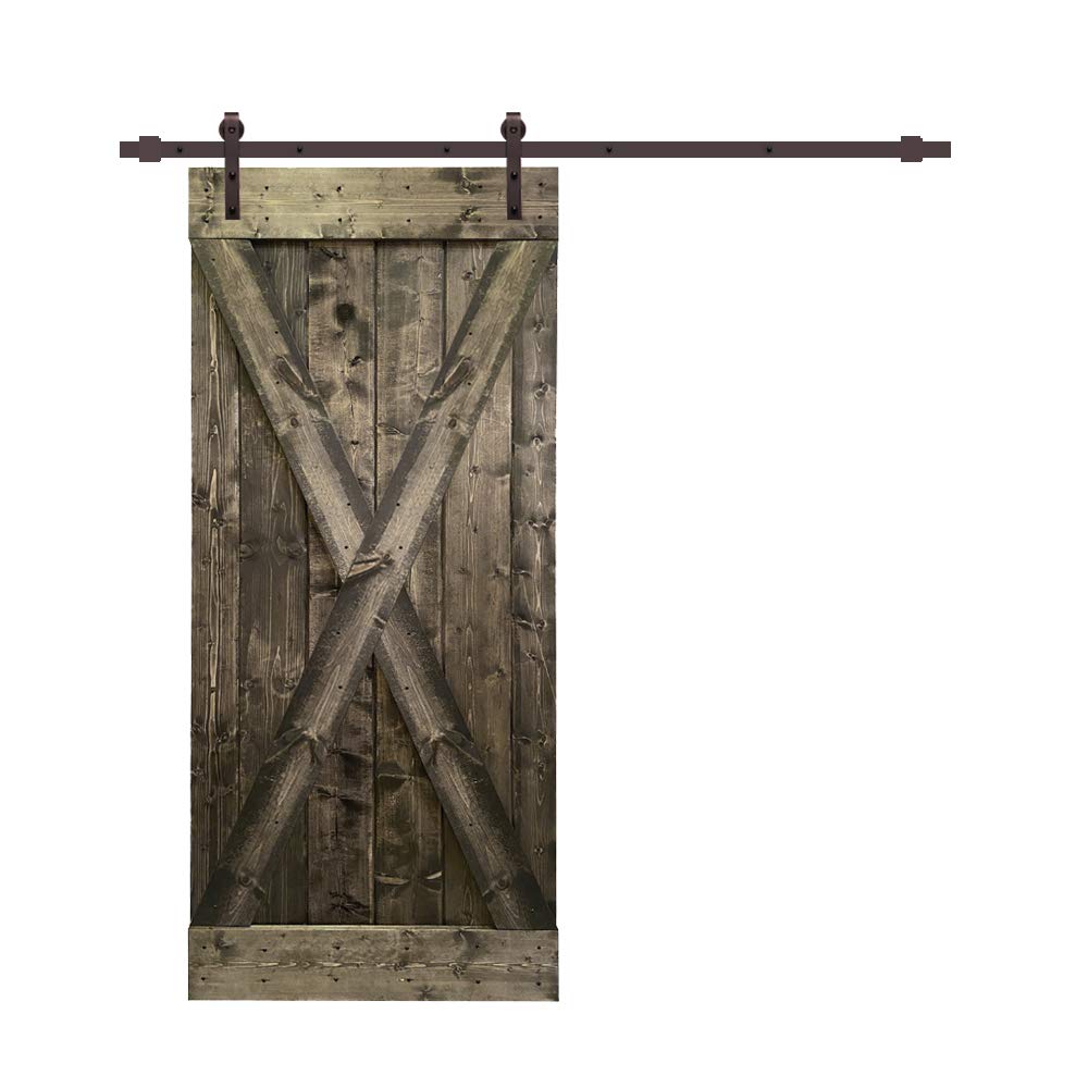 TMS X Series Stained Solid Knotty Pine Wood Interior Sliding Barn Door with Hardware Kit - 84