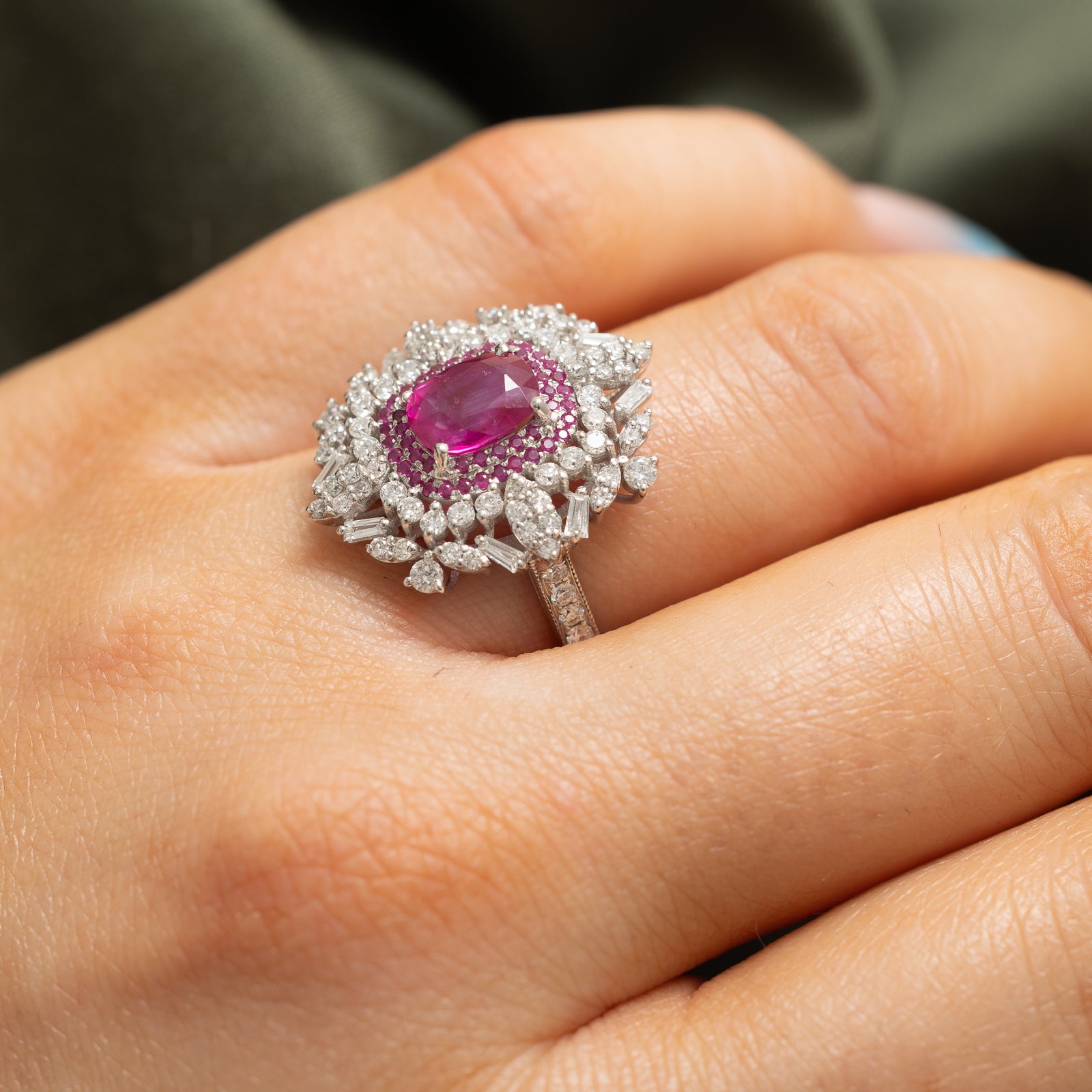 Natural Unheated Burma Ruby & Diamond Cocktail Ring - 1.82ctw (0.90ct Ruby) - Size 6.5 - Elegant Jewelry for Parties, Weddings & Special Occasions