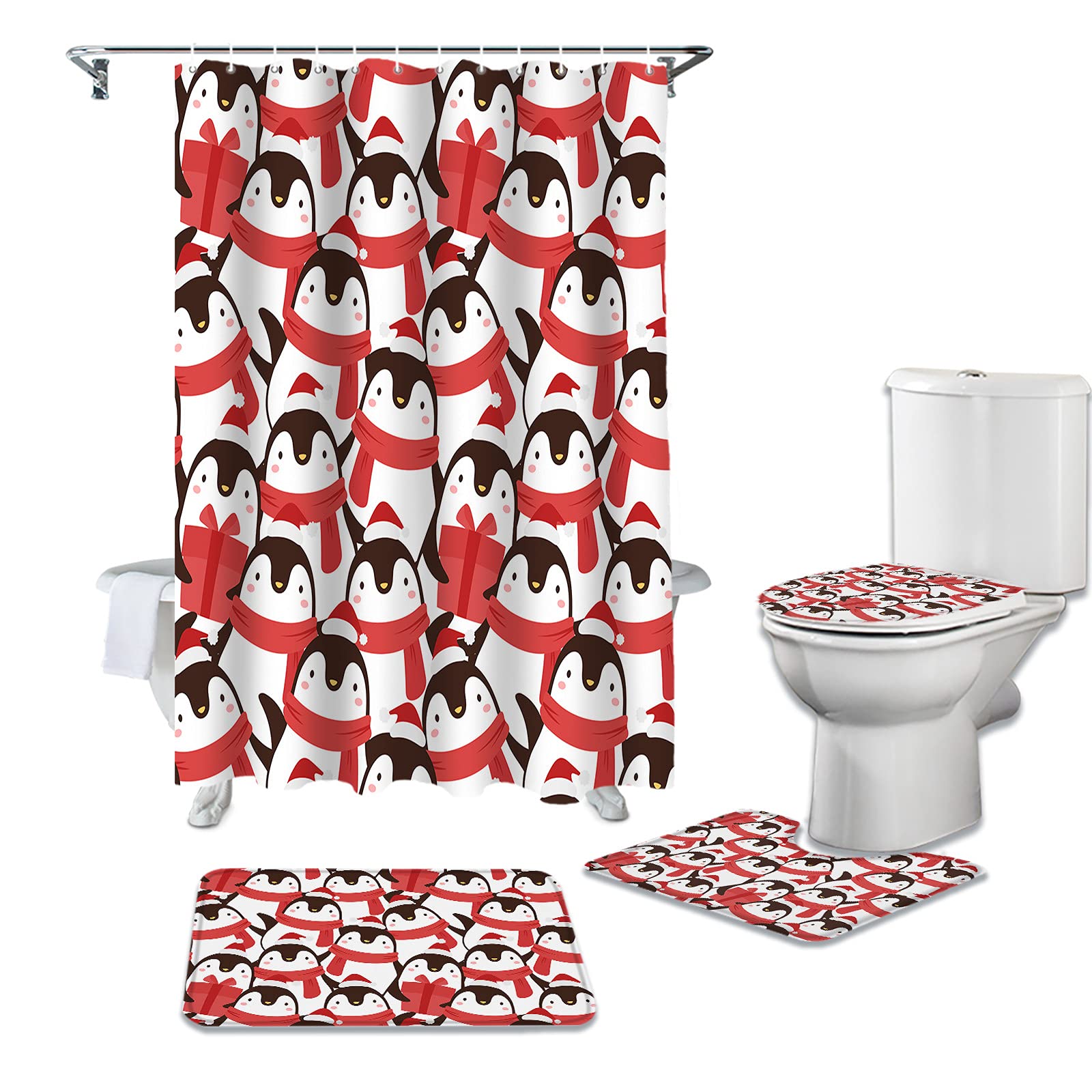 4-Piece Christmas Penguin Shower Curtain Set with Bath Rugs - Waterproof Cartoon Printed Bathroom Decor, Non-Slip Floor Mats & Toilet Covers - Cute Animal Design with Red Scarves for Holiday Bathroom Decorations