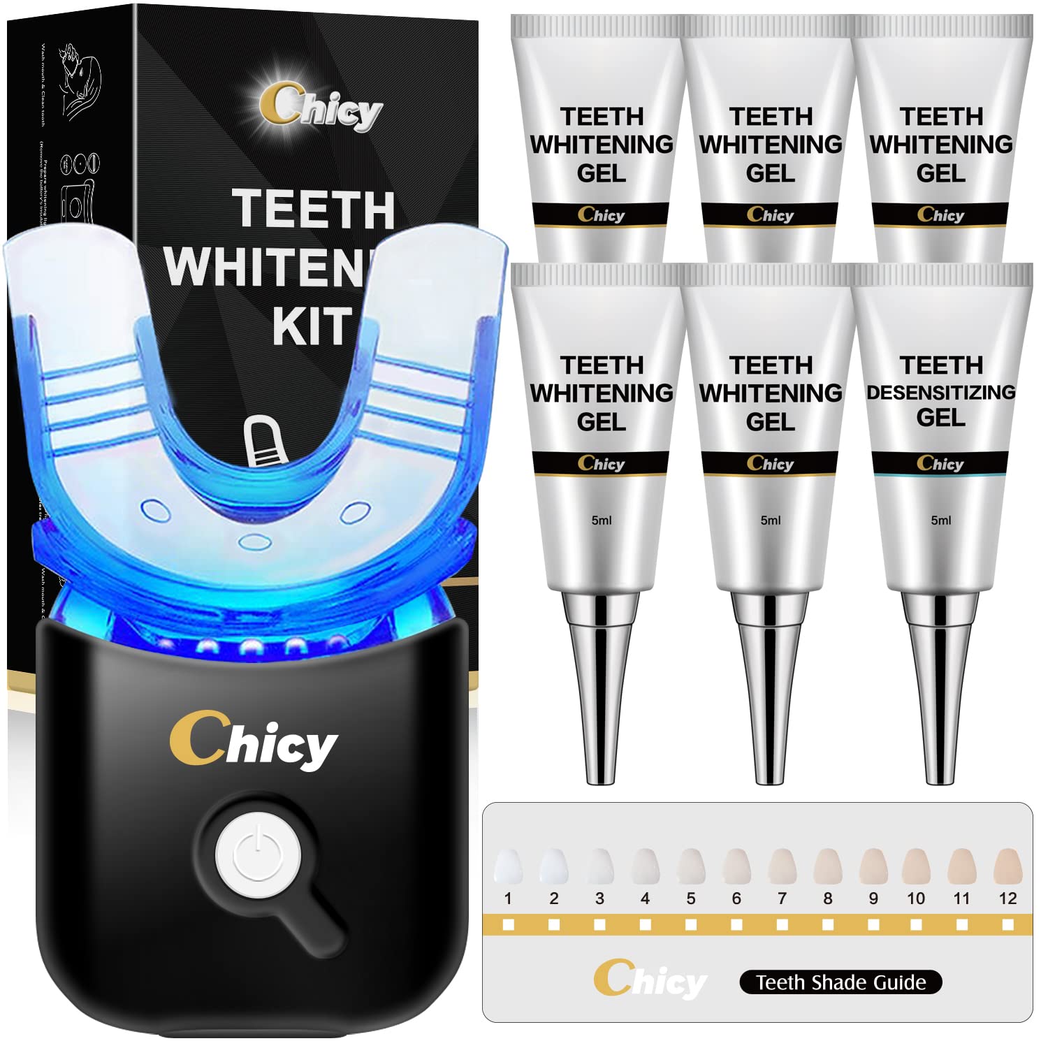 CHICY Teeth Whitening Kit with LED Light - Professional Home Dental Whitening System, Carbamide Peroxide Gel & Custom Trays for Safe & Fast Results - Brighten Smile for Weddings, Job Interviews & Special Occasions