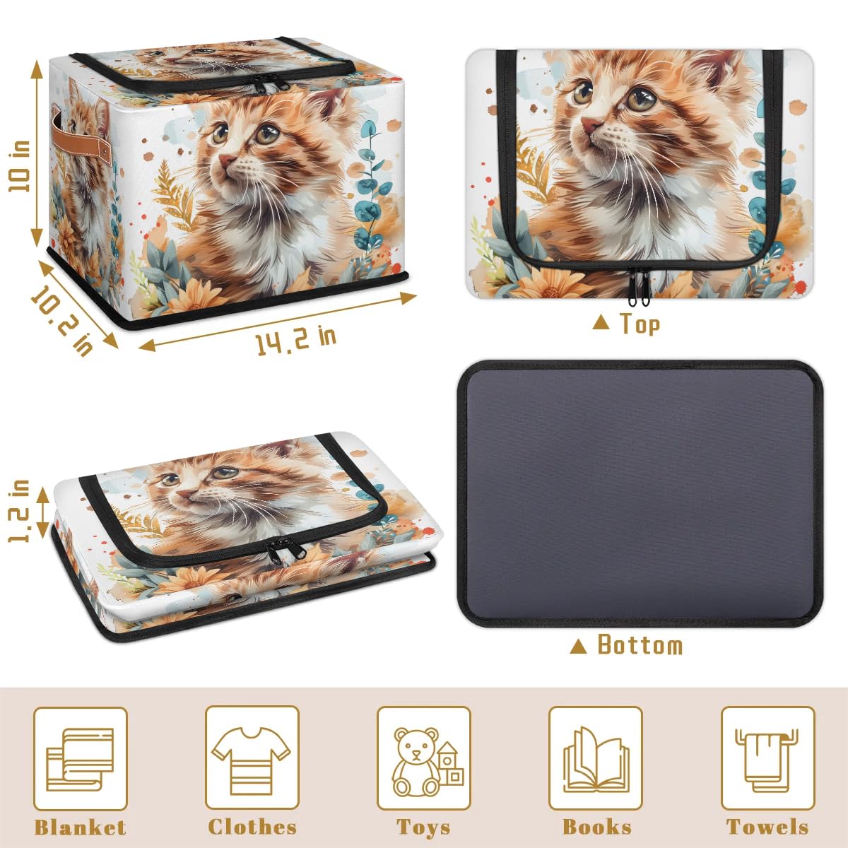 2-Pack Stackable Cat Leaf Pattern Storage Bins with Zipper Lid & Metal Frame - Closet Organizer Cubes with PU Handles for Clothes, Toys, Blankets - Perfect for Bedroom, Nursery, Dorm Organization