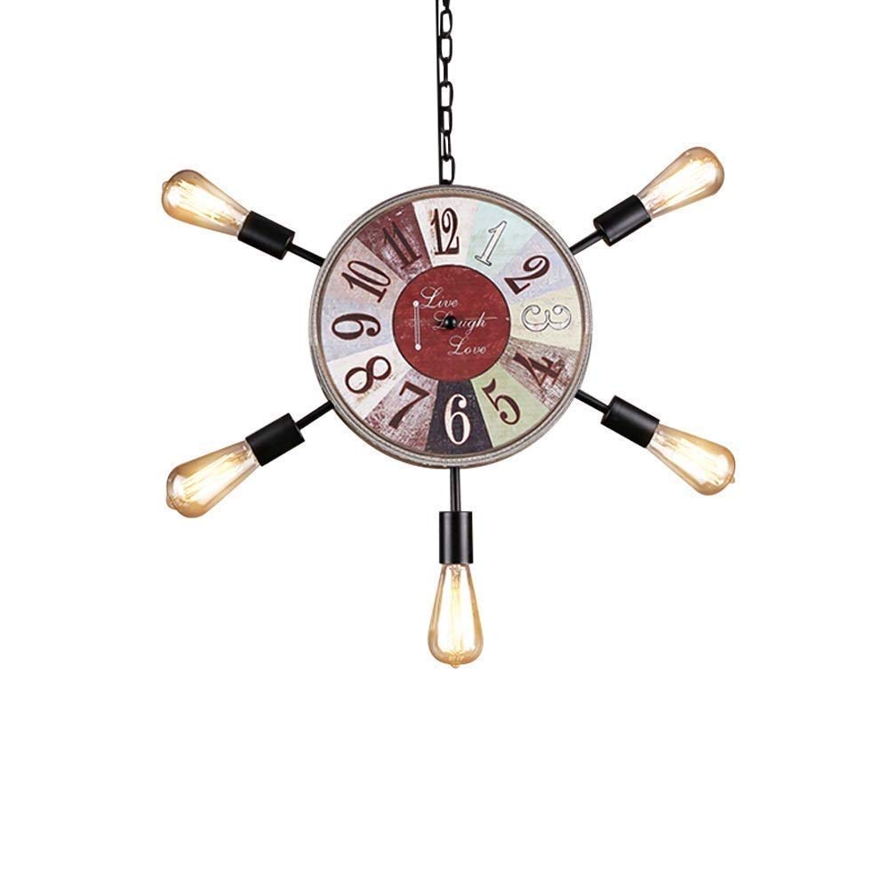 YUANFLQ Vintage Industrial 5-Light Pendant Chandelier - Retro Wrought Iron Metal Hanging Lamp with Clock Design for Restaurant, Cafe & Home Decor | Perfect for Dining Room, Bar, and Loft Lighting