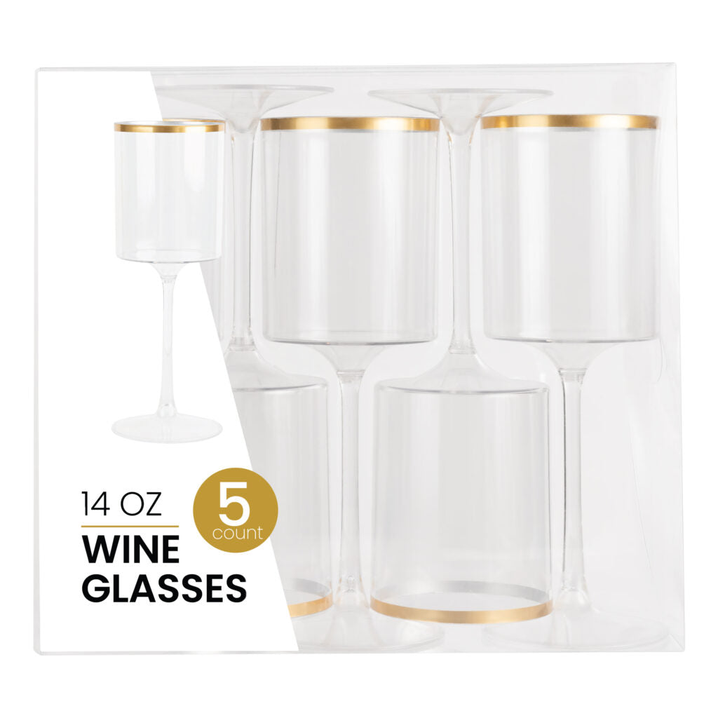 14 Oz Clear and Gold Plastic Stemmed Wine Goblets - Set of 5 Shatterproof Cups for Parties, Weddings, and Outdoor Events