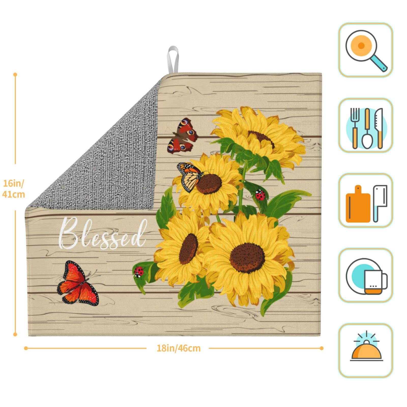 Sunflower Butterfly Dish Drying Mat - 16x18 Inch Absorbent Microfiber Kitchen Counter Decor - Perfect for Drying Dishes, Protecting Countertops & Adding Farmhouse Style to Your Kitchen