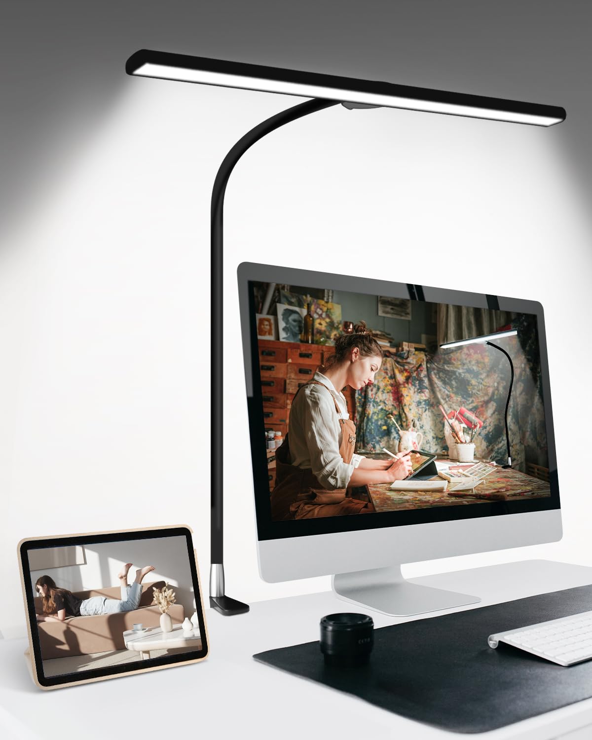 FOVOW 18W LED Desk Lamp with Clamp - Dimmable Adjustable Gooseneck Study Light, 18 Lighting Modes, Eye-Caring Ultra Bright Task Lamp for Home Office, Reading & Night Work (Black)