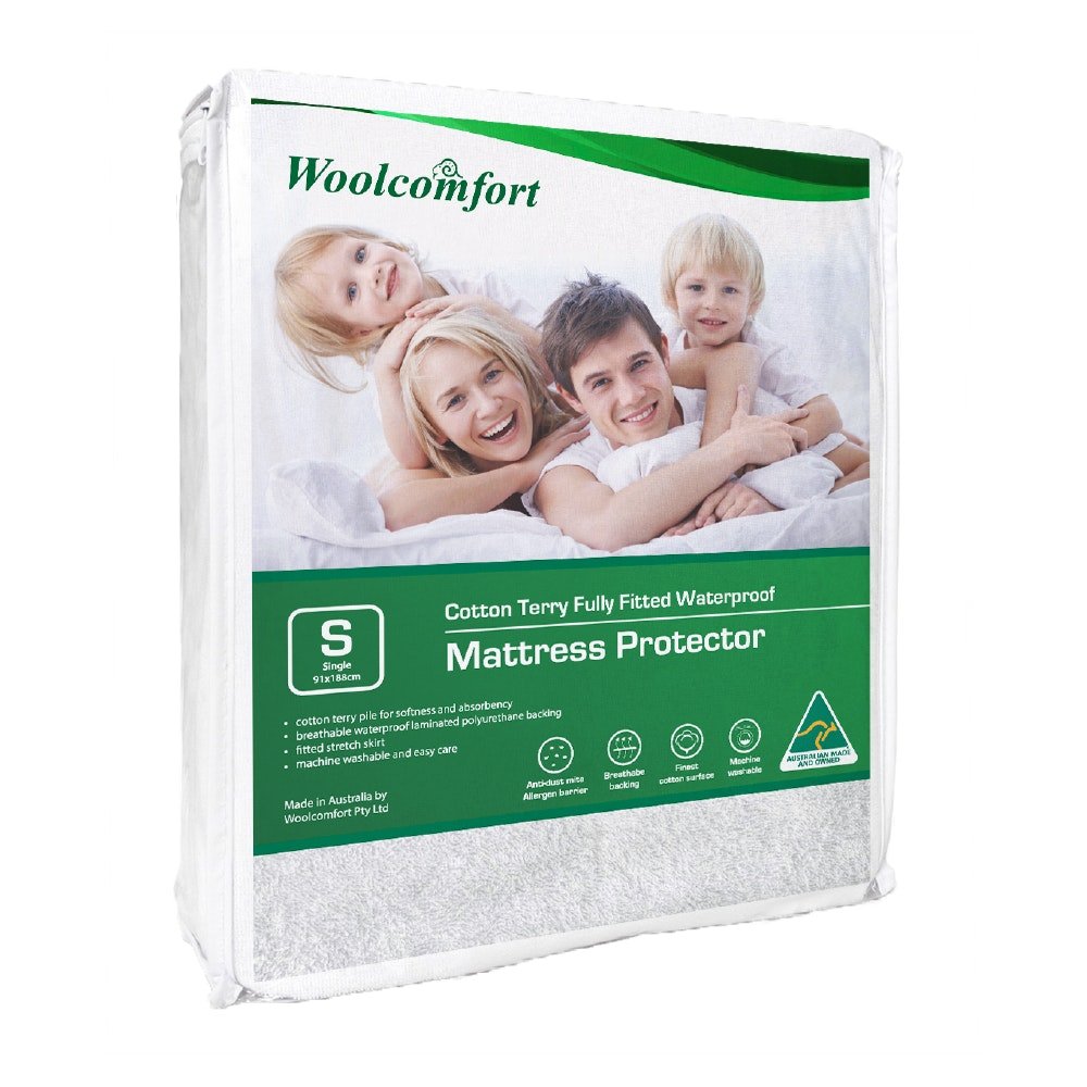 Australian Made Cotton Terry Fully Fitted Waterproof Mattress Protector - Single Size (39
