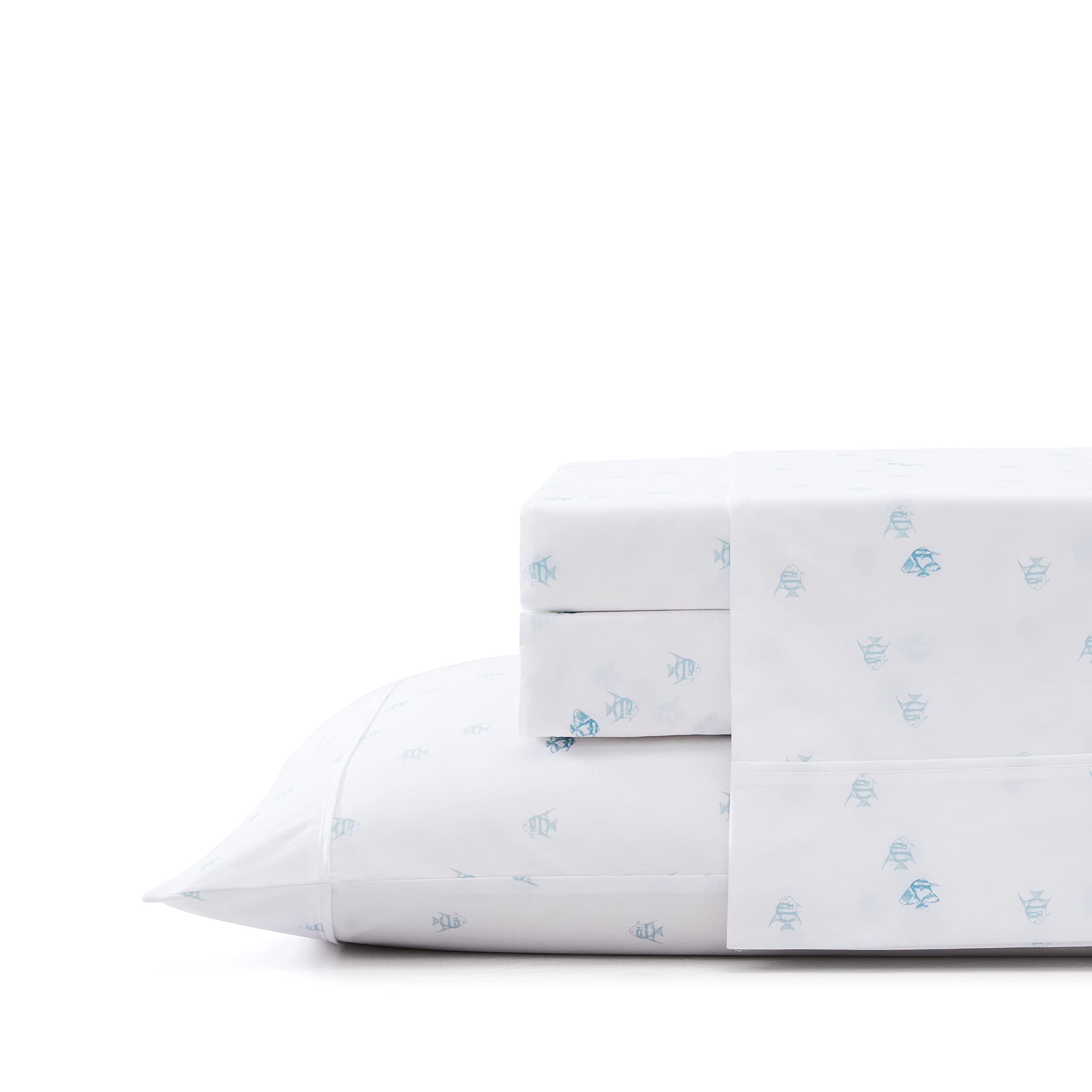 Tommy Bahama King Size Cotton Percale Bed Sheet Set - Crisp, Cool & Breathable Luxury Bedding in Angel Fish Print - Perfect for Summer Nights & Guest Room Styling