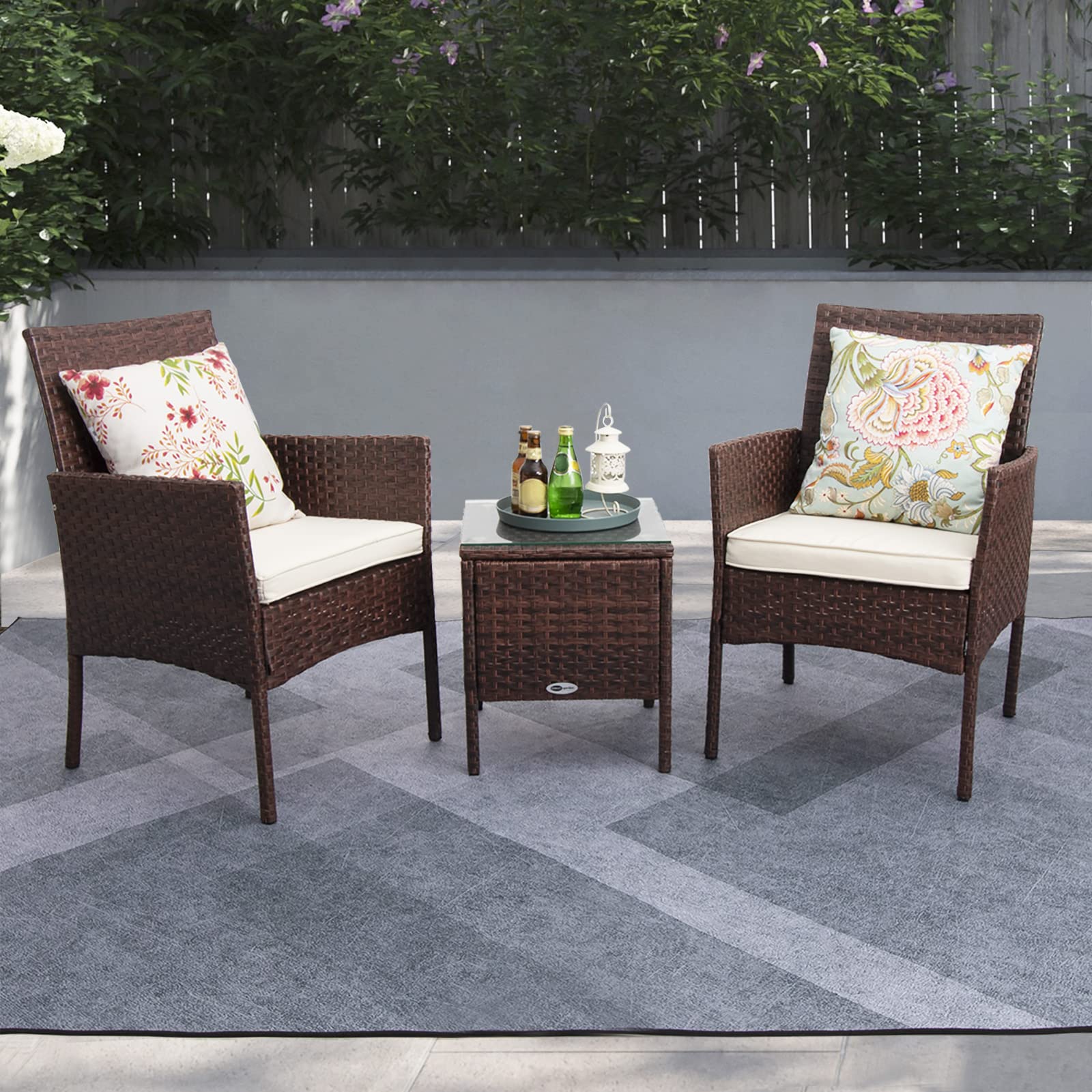 DIMAR GARDEN 3-Piece Outdoor Patio Furniture Set - Wicker Rattan Chairs with Coffee Table - Brown Bistro Set for Backyard, Deck, Porch & Garden Relaxation