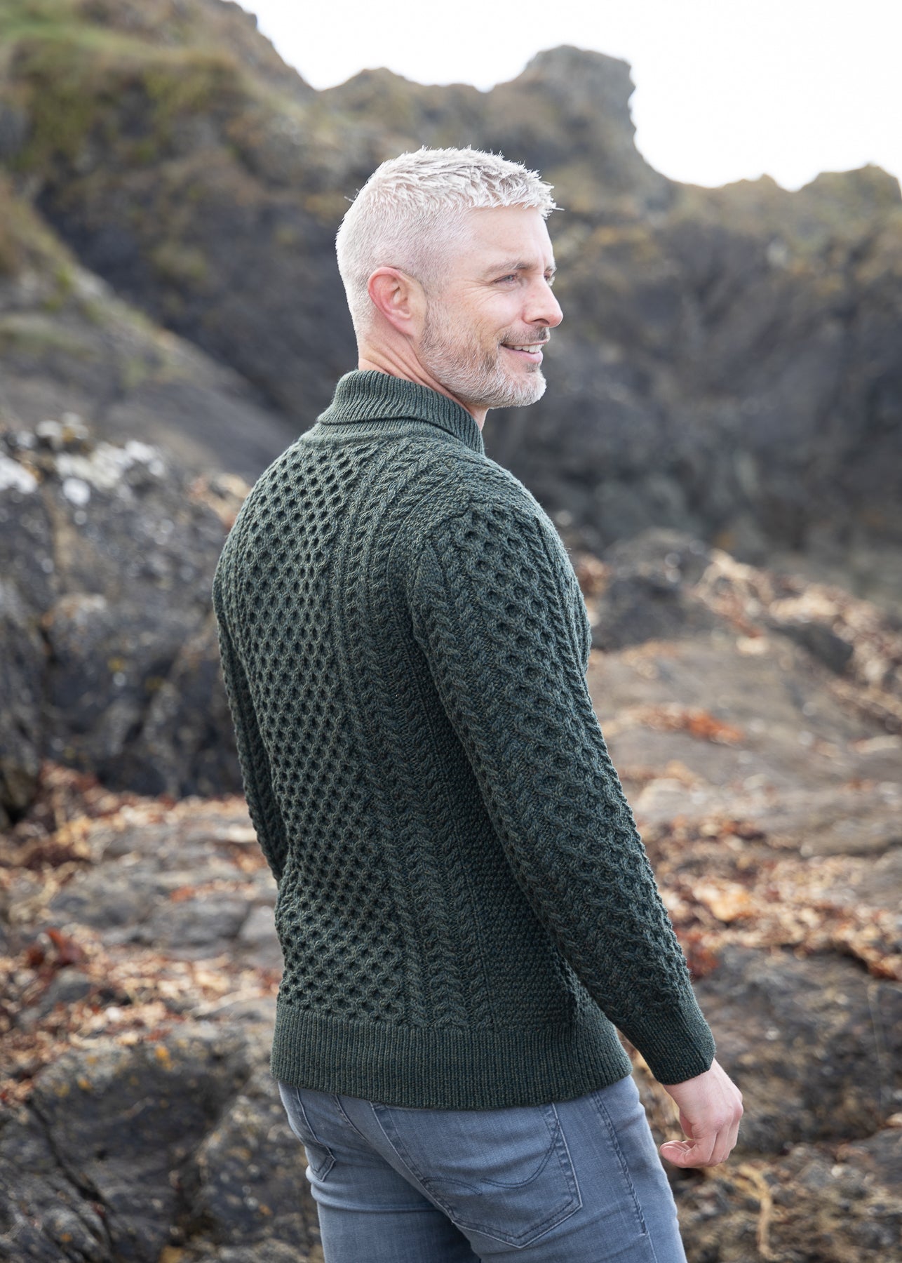 Aran Shawl Neck Sweater for Women - Soft Wool Knit Cardigan in Army Green | Winter Warm Pullover for Office, Date Night & Casual Outfits