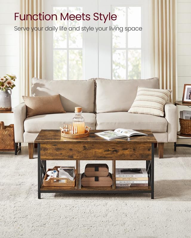 VASAGLE Lift Top Coffee Table with Storage Shelf, Hidden Compartments & Adjustable Height - 19.7