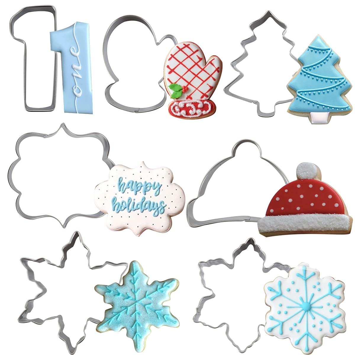 Snowflake Cookie Cutter Set - 6-Piece Stainless Steel Winter Wonderland Christmas Cookie Cutters with Hat, Mitten, Tree & Number 1 Shapes - Perfect for Holiday Baking, Birthday Cookies, Fondant & Dough Decorations - Great for Christmas Parties, 1st Birthday Cakes & Photo Plaques