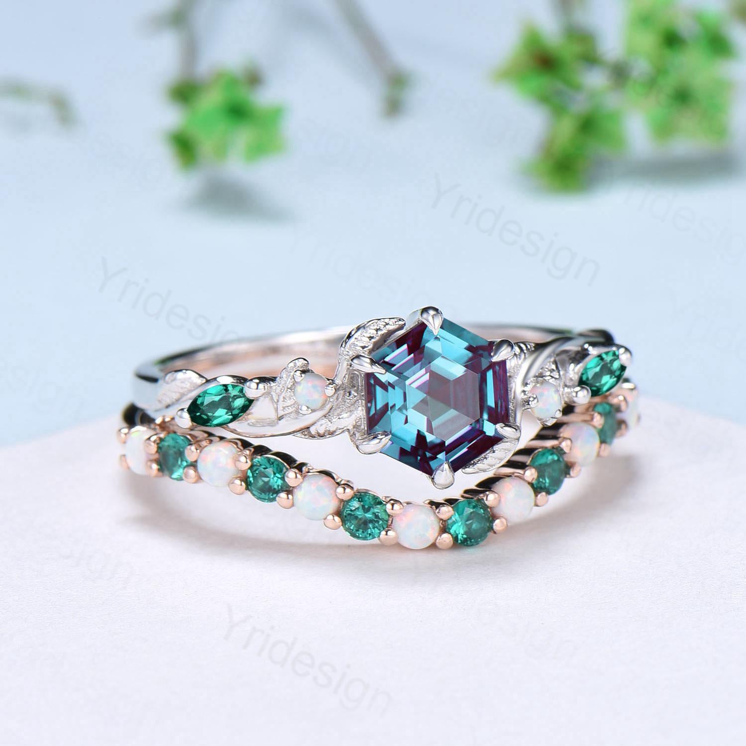 Curved Opal Wedding Ring - Half Eternity Opal & Emerald Wedding Band in Sterling Silver or 14K Rose Gold - Hexagon Cut Stacking Anniversary Ring for Women - Perfect for Bridal Sets, Engagement, and Everyday Wear