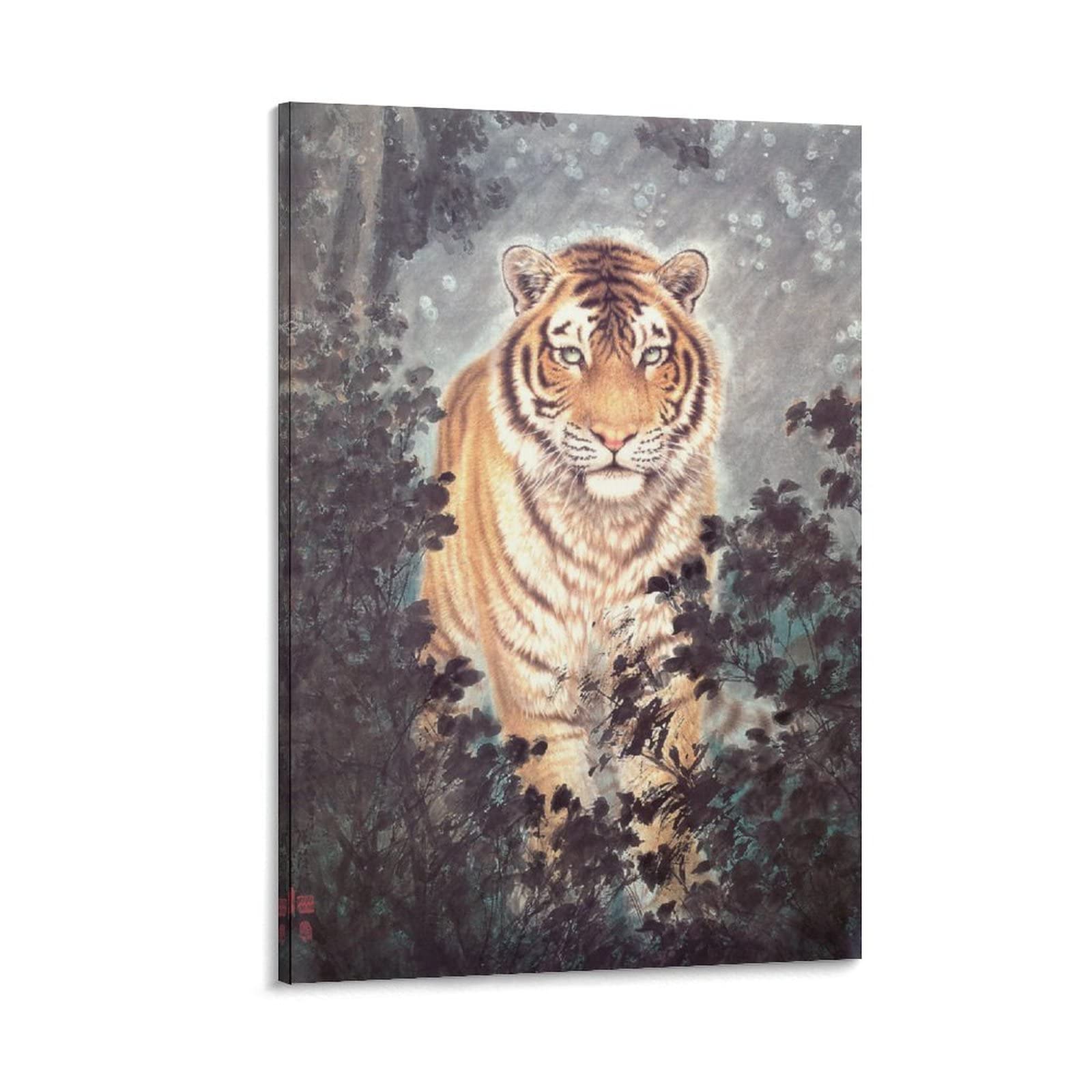 Tiger Out of The Forest Oil Painting Canvas Wall Art - 24x36 Inch (60x90cm) Framed Poster for Bedroom, Living Room, Office Decor | Wildlife Home Decor & Gift Idea