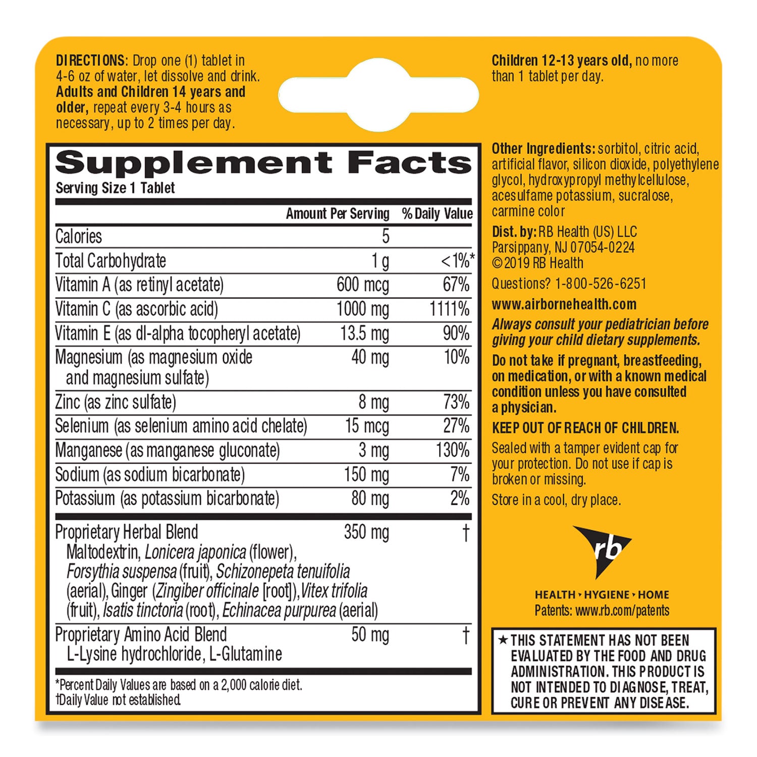Airborne® Immune Support Effervescent Tablets - Zesty Orange Flavor, 10 Tablets per Box (72 Boxes per Carton) | Vitamin C, Zinc & Herbal Blend for Immune Health - Great for Travel, Work & School