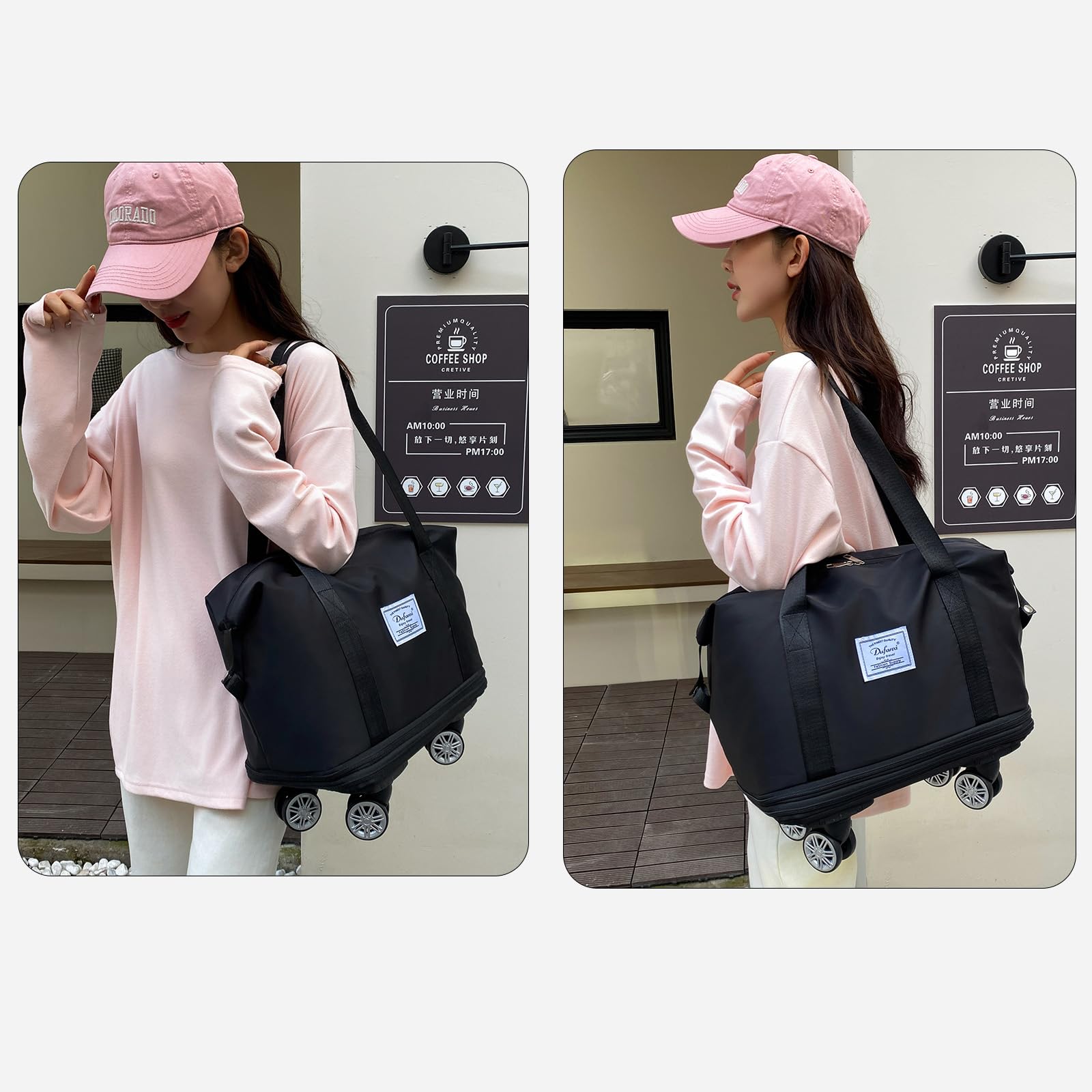 Expandable Large Capacity Weekender & Gym Tote for Women - Water-Resistant Travel Duffel Bag with Detachable Wheels & Wet-Dry Separation | Perfect for Weekend Getaways, Gym Workouts & Airplane Carry-On Luggage