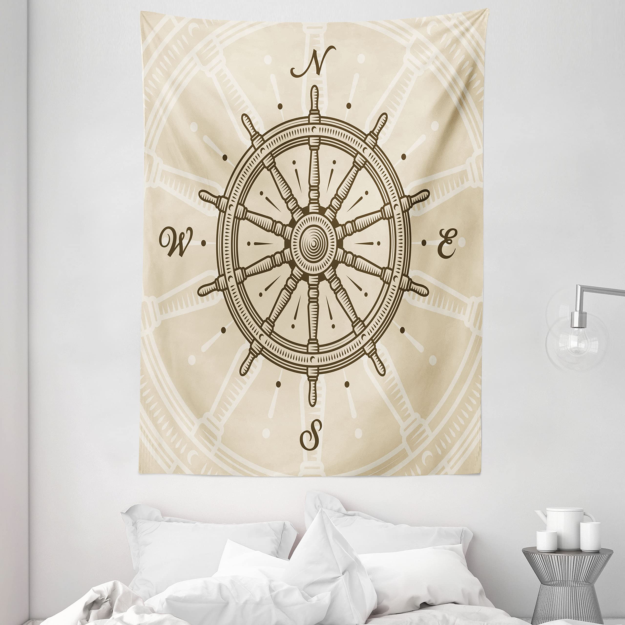 Ambesonne Vintage Ship Wheel Tapestry - Twin Size 68x88 Inches - Beige Brown Nautical Wall Hanging for Bedroom Decor, Bedspread, Sailboat Theme Room - Perfect for Coastal, Beach House or Maritime Inspired Interiors