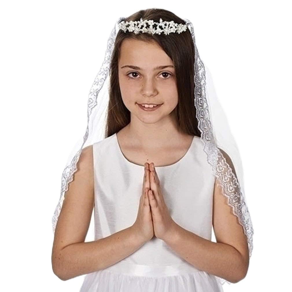 Roman Inc. First Communion Veil with Pearl Tiara & Trim - 27.2 Inch Religious Gift for Girls - Durable Inspirational Sacramental Accessory - Perfect for Church Ceremonies, Baptisms & Special Occasions