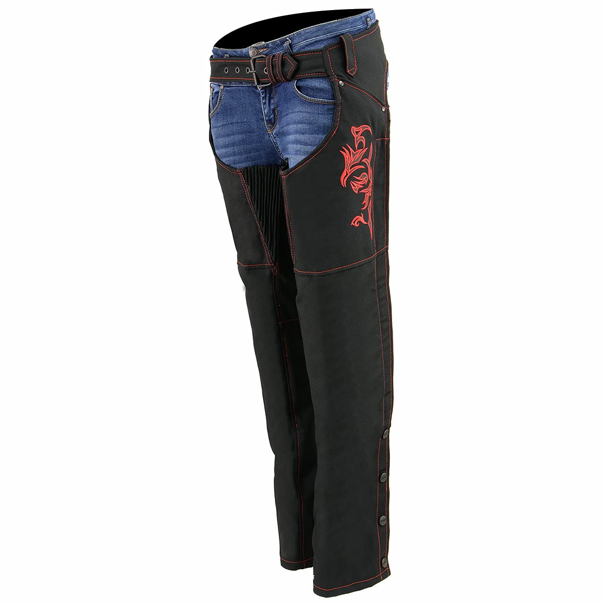 Milwaukee Leather SH1182 Women's Black & Pink Motorcycle Chaps with Tribal Embroidery - Stylish & Protective Riding Gear for Harley, Cruiser & Adventure Bikes