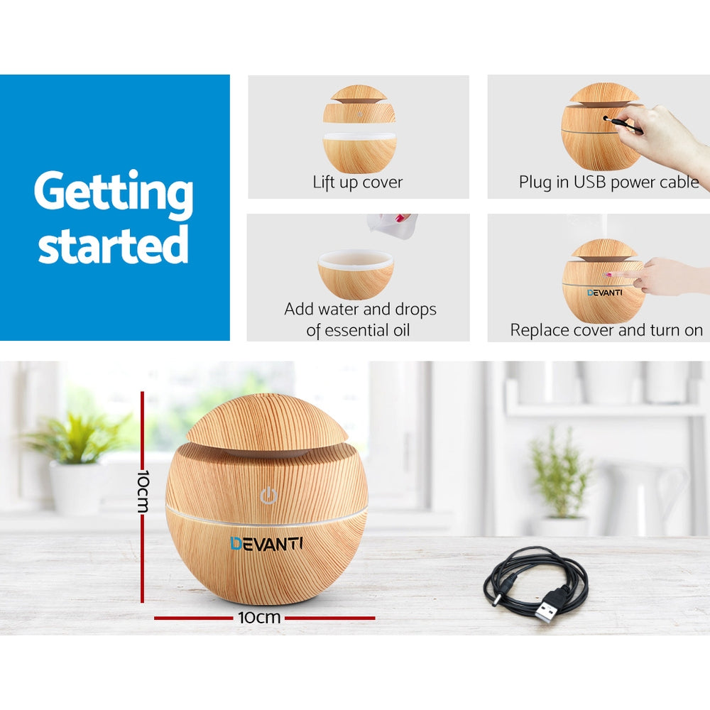 Devanti 130ml Wood Grain Aroma Diffuser - Essential Oil Diffuser with LED Light for Home, Office, Yoga & Spa Relaxation