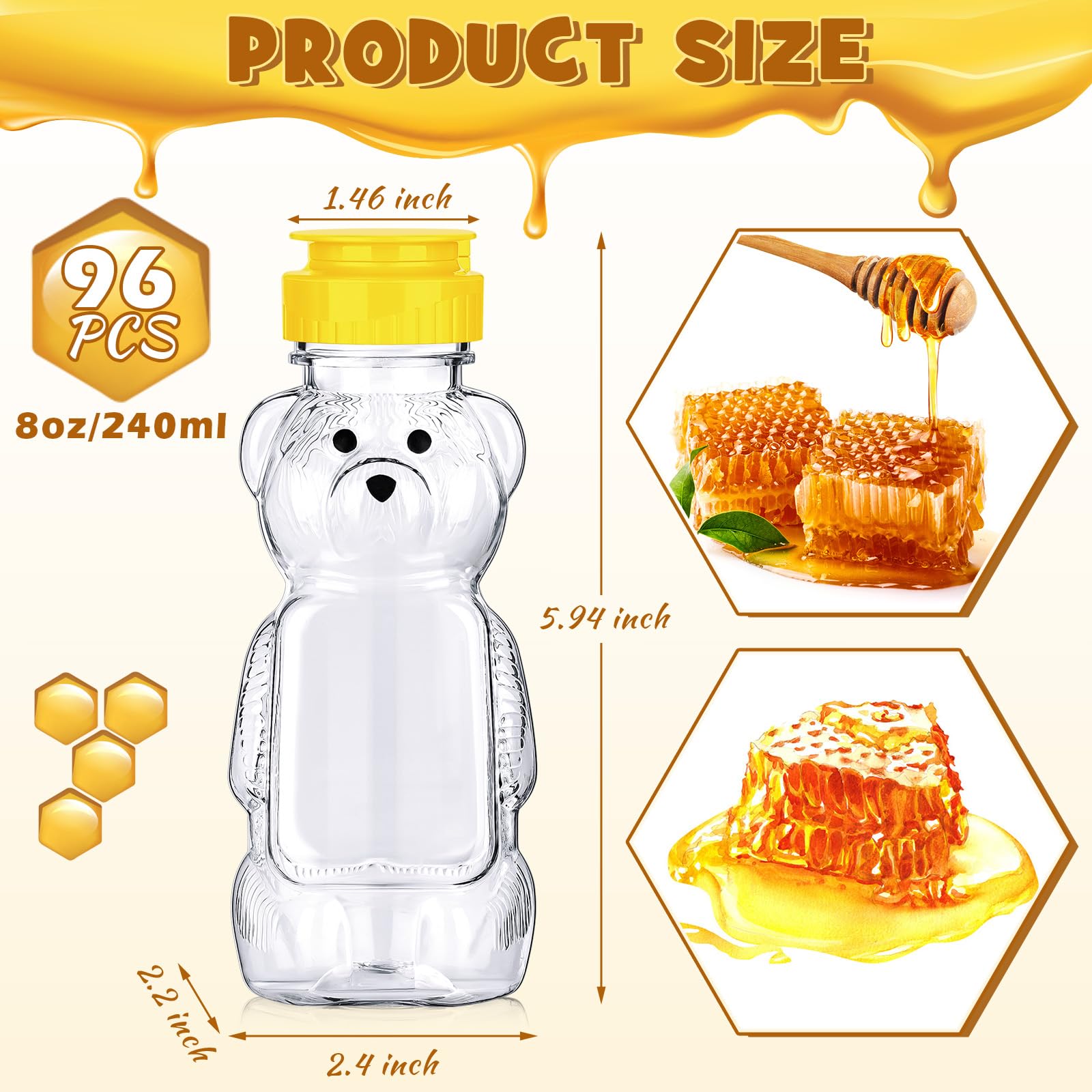 Thenshop 96 Pcs 8 oz Bear Bottle Honey Jar - Plastic Honey Squeeze Bottle with Yellow Flip Top Lid - Empty Food Grade Container for Storing & Dispensing Honey, Syrup, Condiments - Perfect for Home Kitchen, Cafe, Bakery & DIY Projects