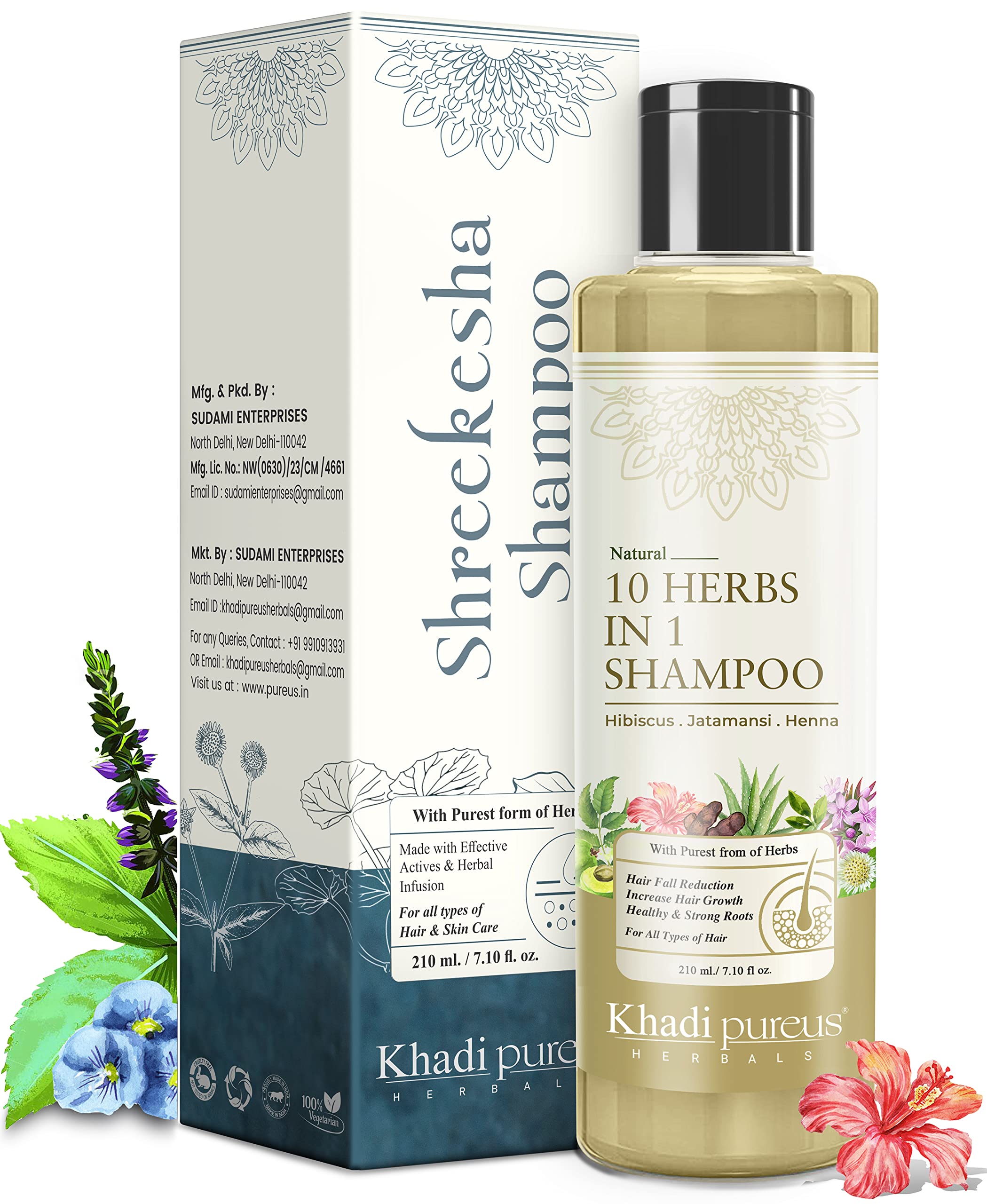 Khadi Pureus Herbals Shreekesha 10-in-1 Ayurvedic Shampoo for Damaged Hair, Hair Fall Control, Healthy Scalp, Anti-Dandruff & Frizz-Free Hair | Natural Herbal Hair Cleanser with Pure Ingredients for Women & Men (210 ml) - Perfect for Daily Hair Care & Scalp Nourishment