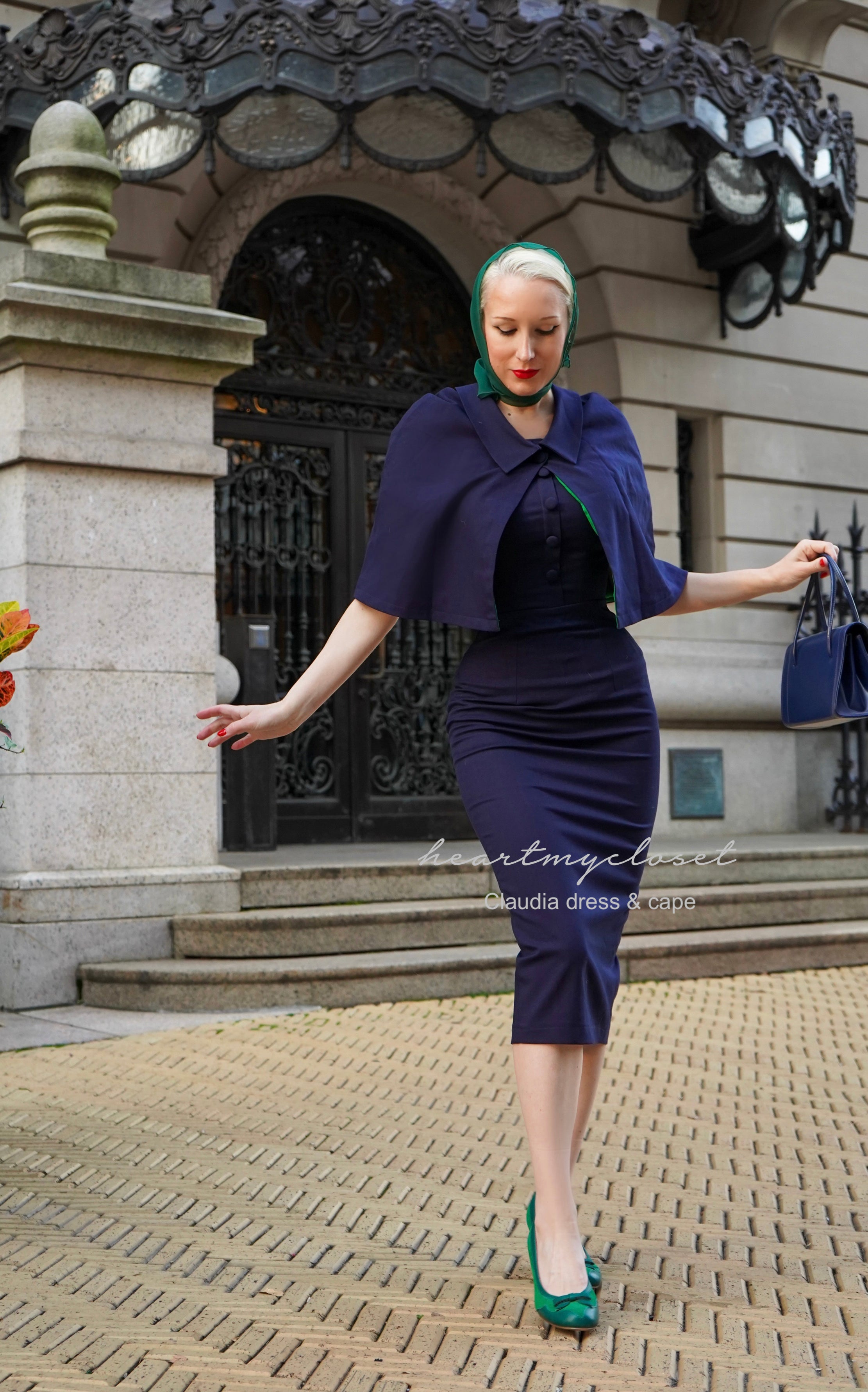 Vintage 1950s Inspired Claudia Dress with Detachable Short Cape - Retro Cocktail Party & Formal Evening Wear