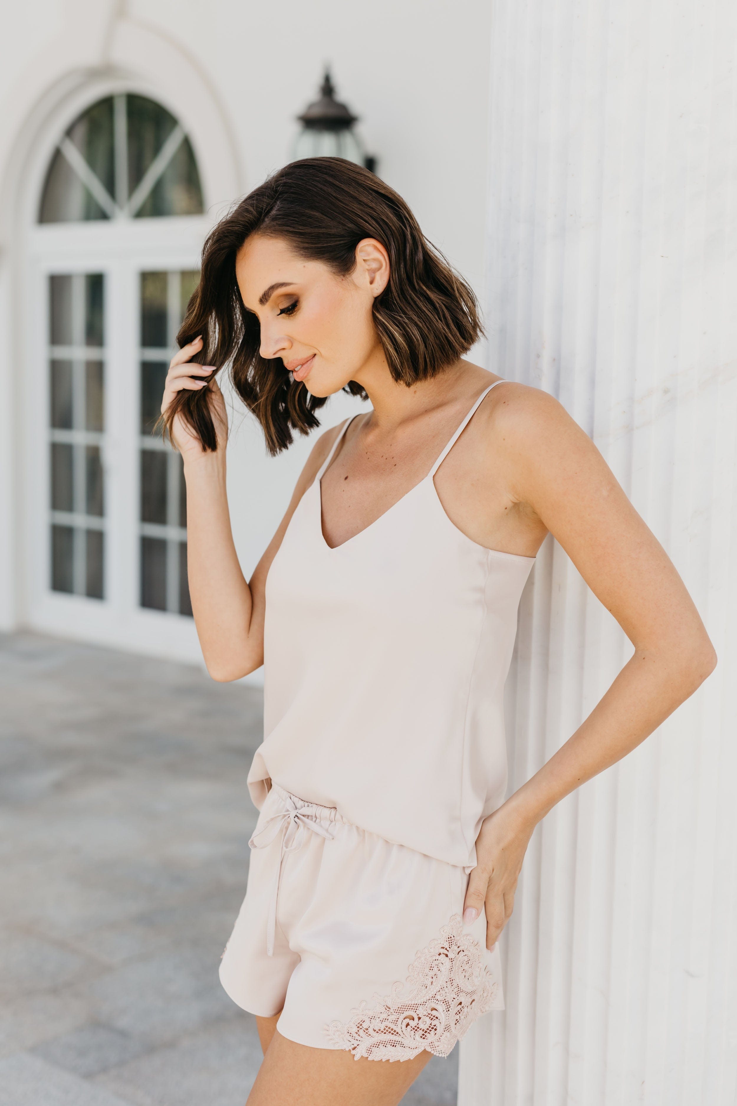 Stella Cami & Lace Trim Short Set in Champagne | Women's Sleepwear & Loungewear | Perfect for Bedtime, Relaxing at Home, and Vacation Getaways