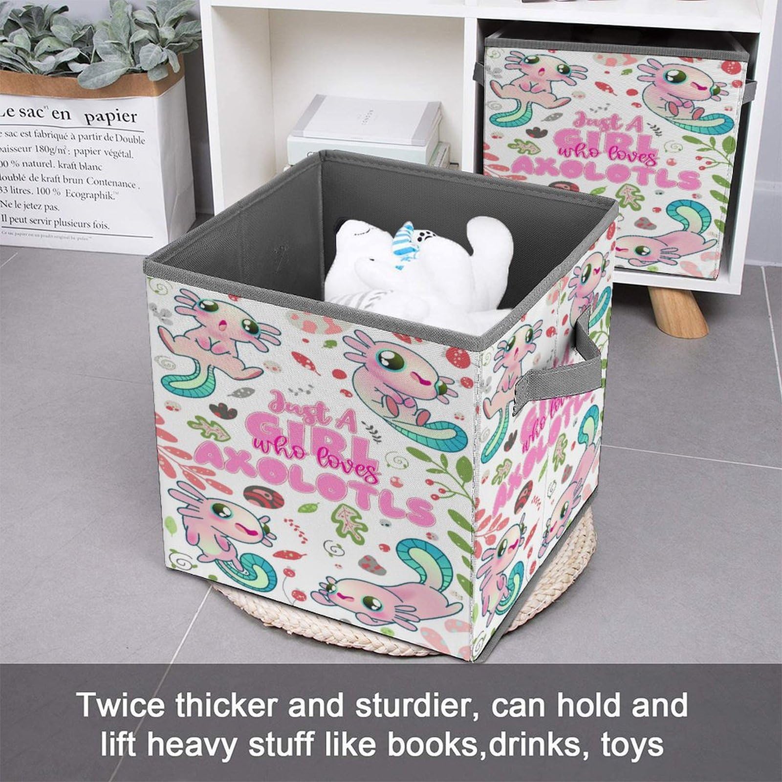 Foldable Storage Bins 6-Pack - 10.6 Inch Collapsible Cube Baskets with Handles for Nursery, Closet, Shelves | Axolotl-Themed Personalized Organization for Kids' Room, Laundry & Toy Storage