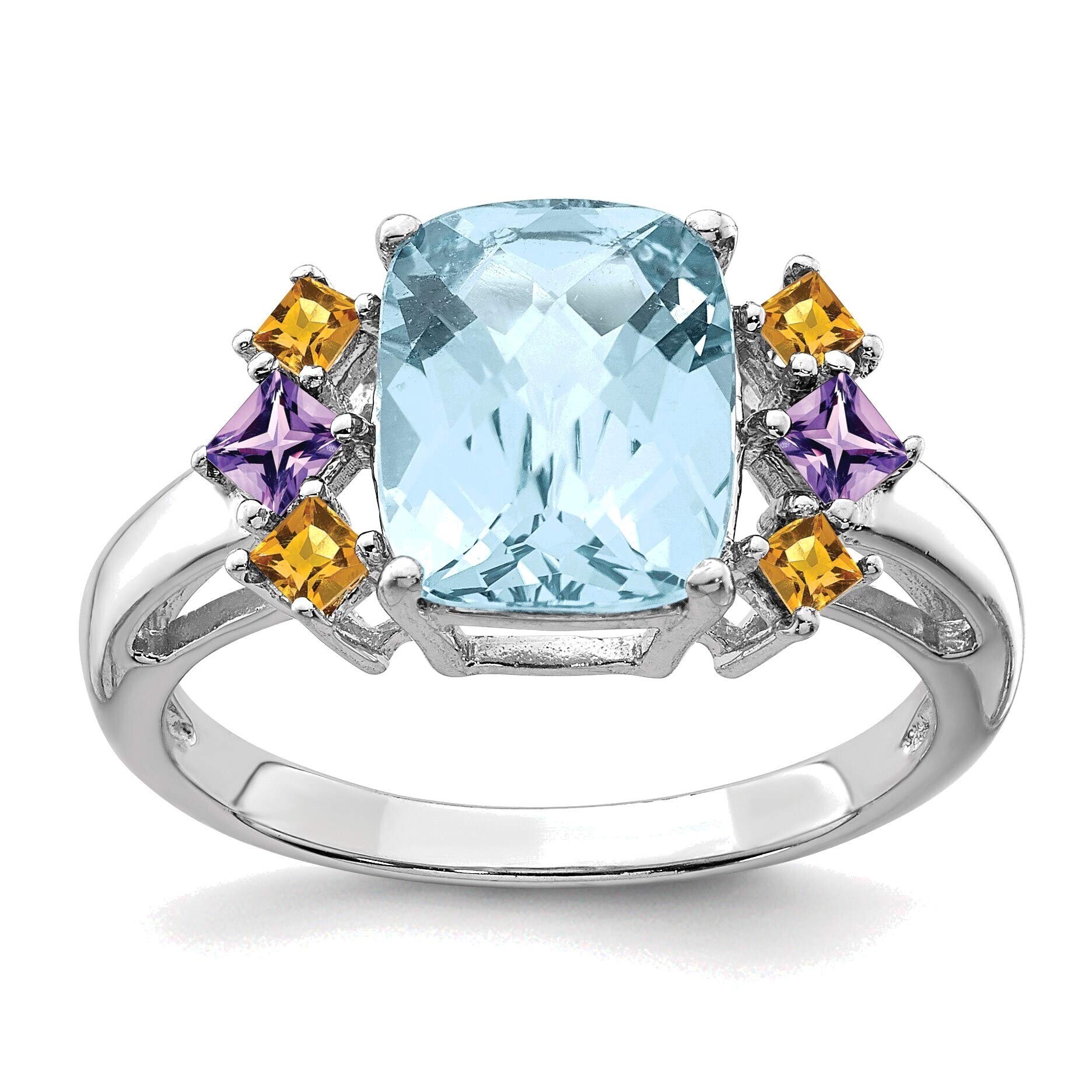 Sterling Silver Rhodium Ring with Swiss Blue, Amethyst & Citrine - Size 7 for Women's Fashion Jewelry