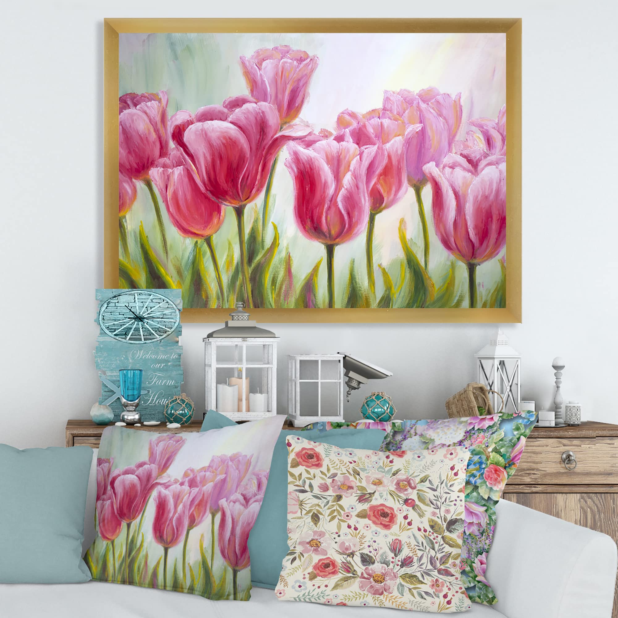 Tulips Flowers Blossoming Traditional Framed Wall Art - Vibrant Floral Canvas Painting for Home & Office Decor - Perfect for Living Room, Bedroom, Kitchen & Gift Giving