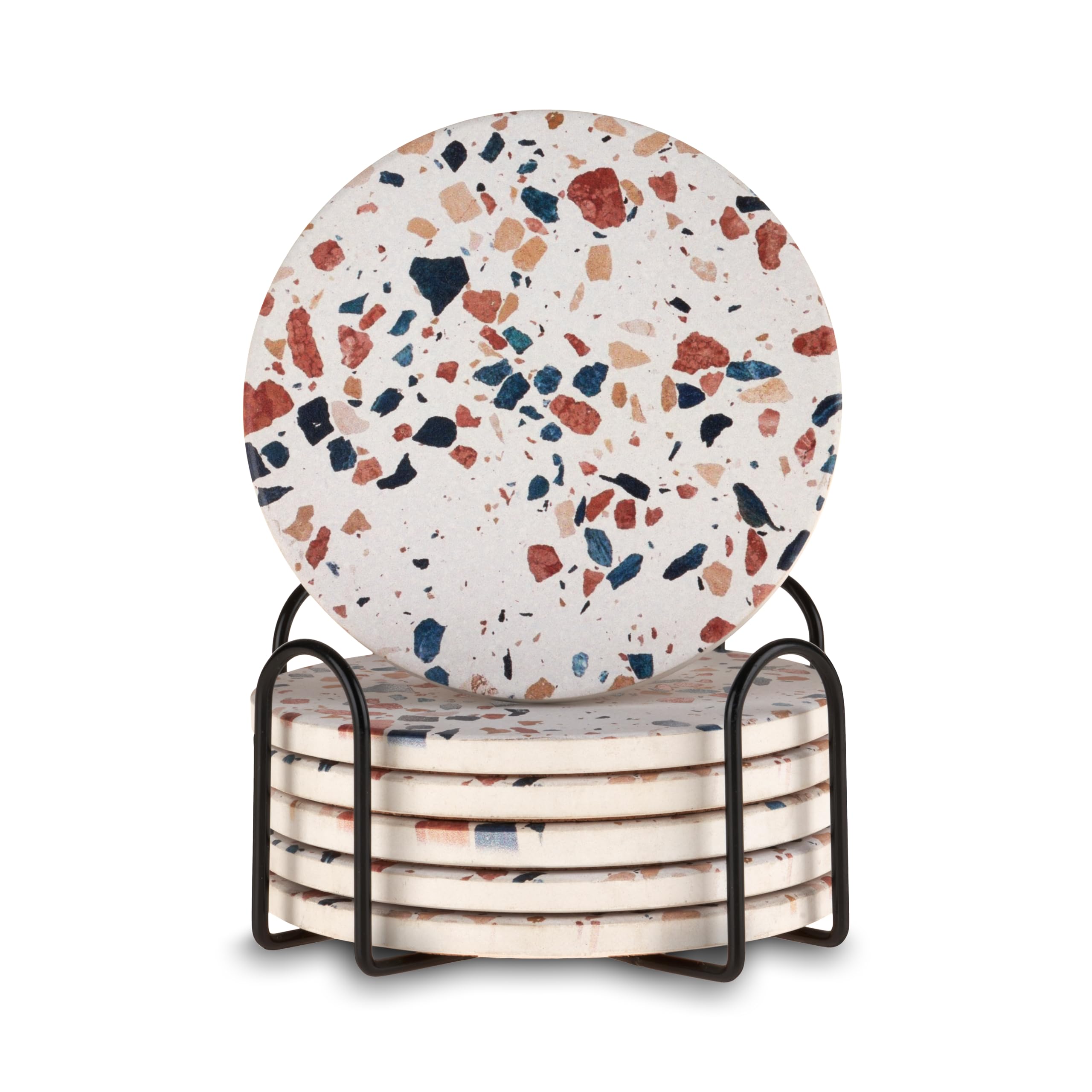 Twine Terrazzo Coasters Set of 6 - Stoneware Drink Coasters with Stand, White & Multicolor Geometric Design - Perfect for Coffee Table Decor, Bar Accessories, and Home Office Protection
