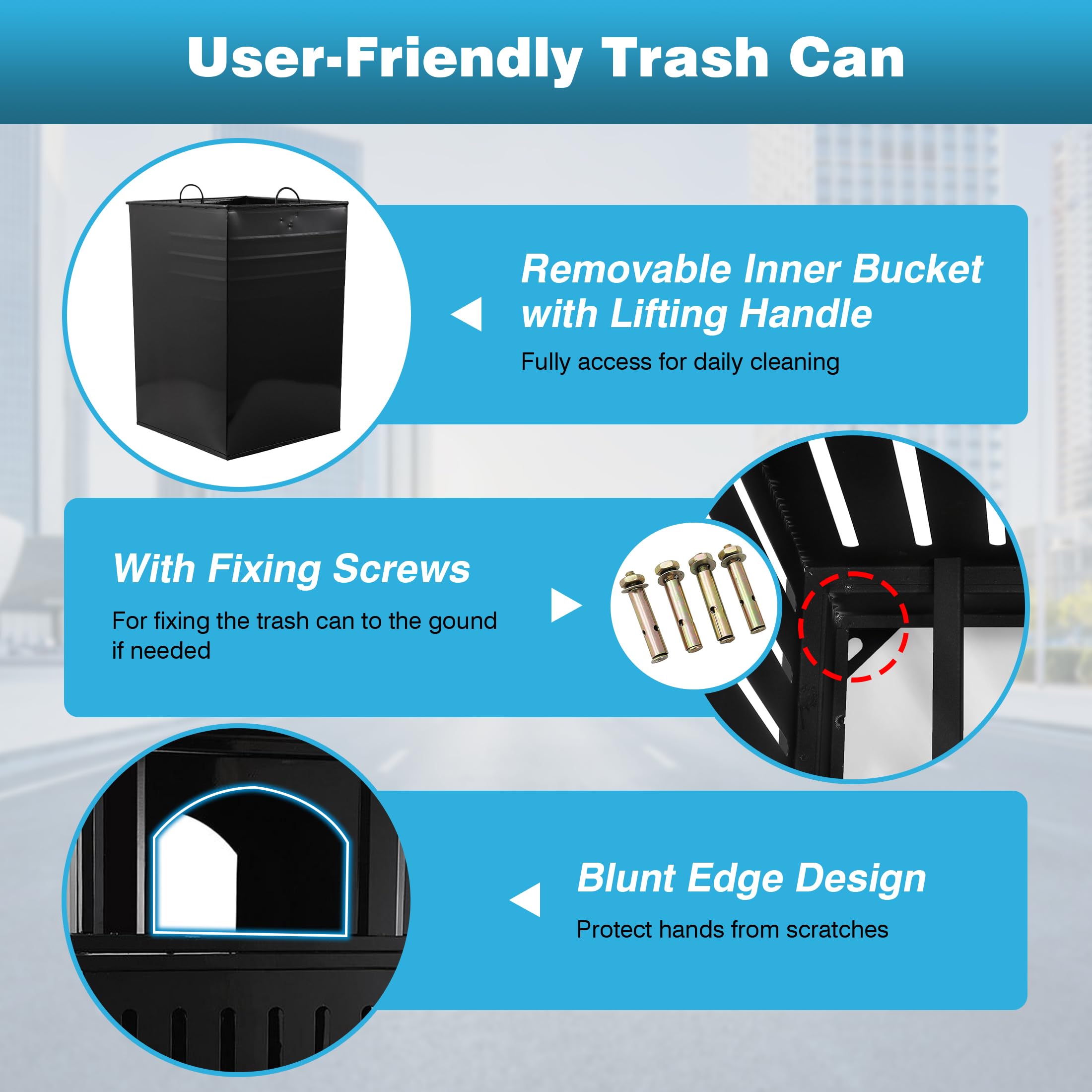 IRONWALLS Commercial Trash Can with Lid - 50 Gallon Black Outdoor Garbage Bin, Heavy-Duty Steel Square Waste Container with Side Opening & Removable Inner Bucket for Patio, Park, Garden, Restaurant, and Commercial Use - Weather-Resistant Decorative Trash Bin for Outdoor Spaces