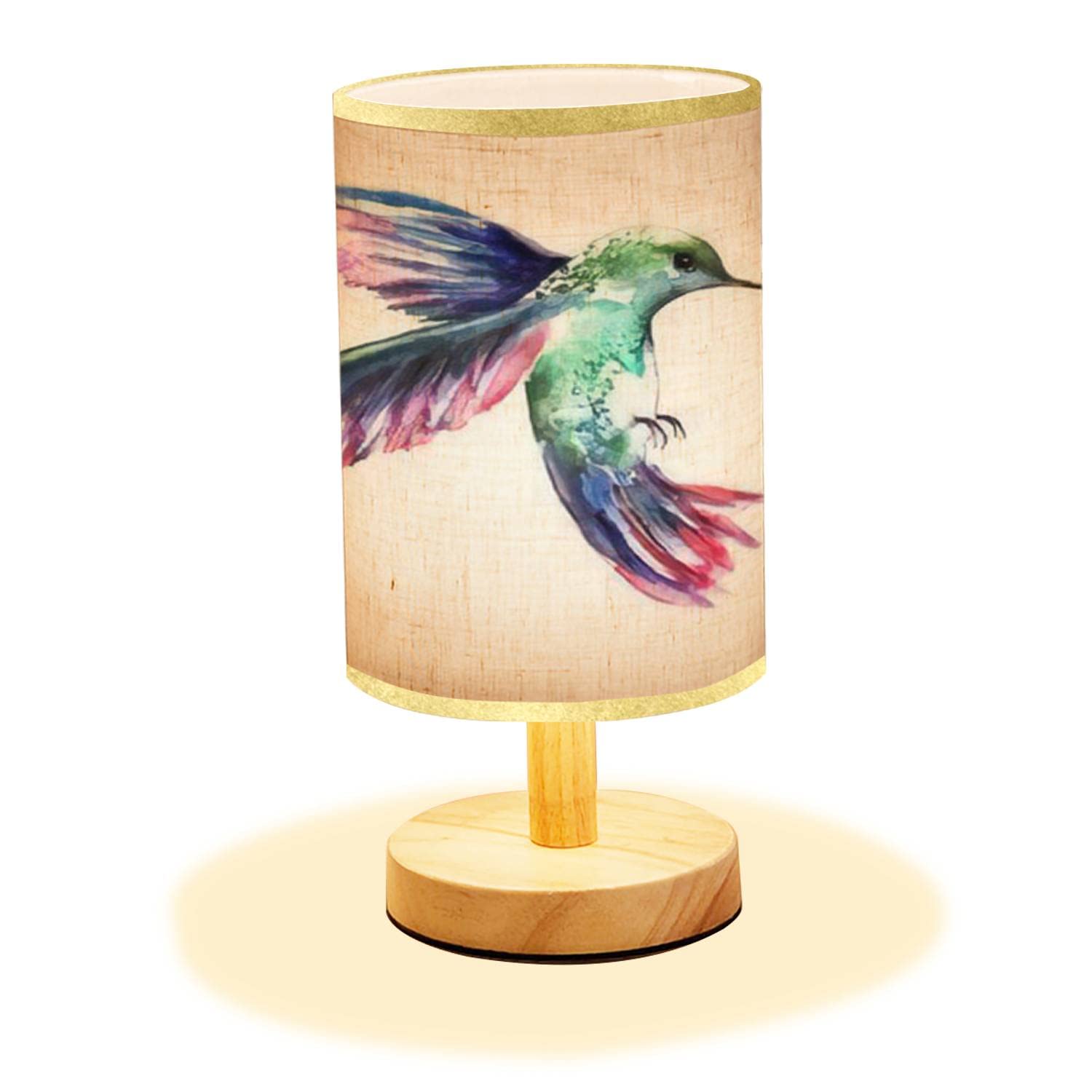 Minimalist Wooden Nightstand Lamp with Flaxen Fabric Shade - Tropical Bird Watercolor Design for Bedroom & Living Room | Perfect for Reading Nook, Dorm Decor, and Cozy Ambience Lighting