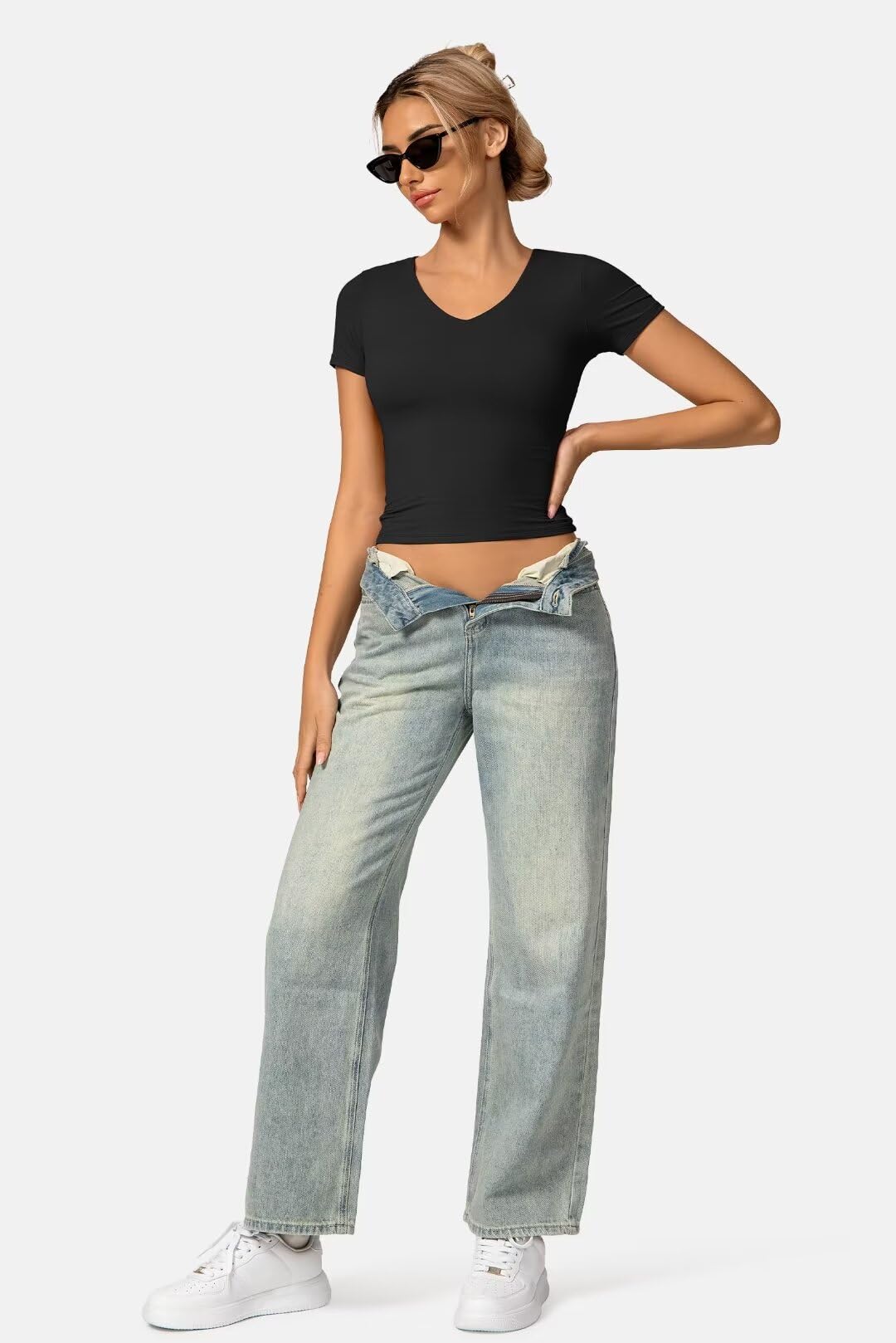 Vertvie Women's Sexy V-Neck Double-Lined Slim Fit T-Shirt - Y2K Tight Basic Tee for Women, Short Sleeve Going Out Crop Top | Perfect for Clubbing, Date Night & Summer Outfits